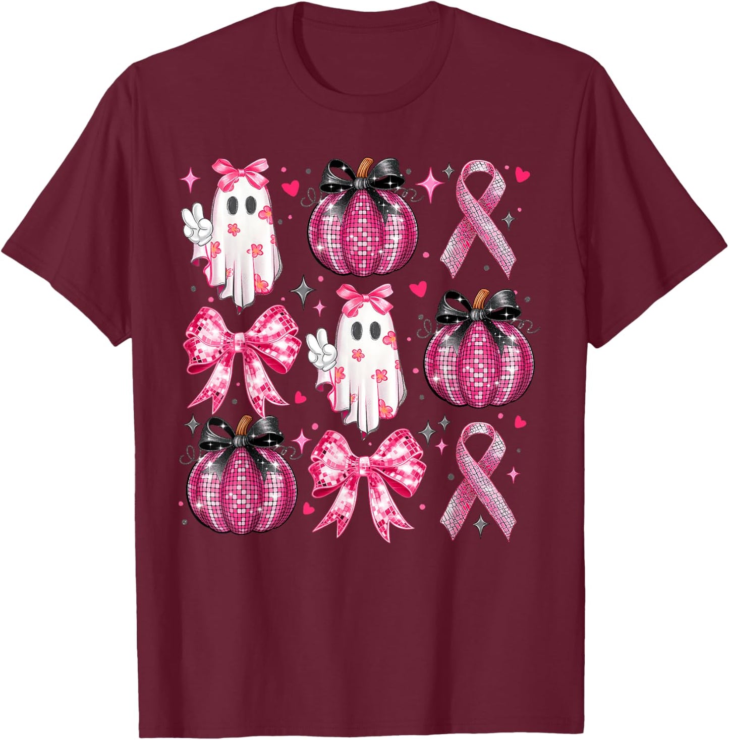 Halloween Pumpkin Pink Ribbon Disco Ghost Bow Breast Cancer T-Shirt - T-Shirt | Maroon