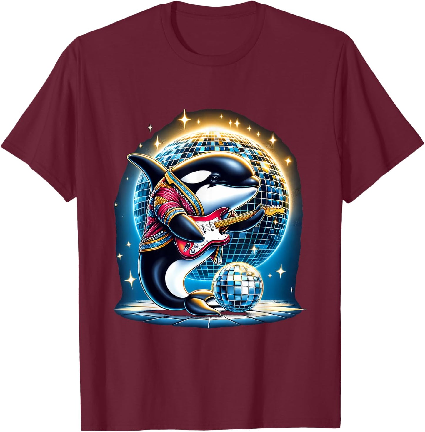 Disco Ball Guitar Orca Whale T-Shirt - T-Shirt | Maroon