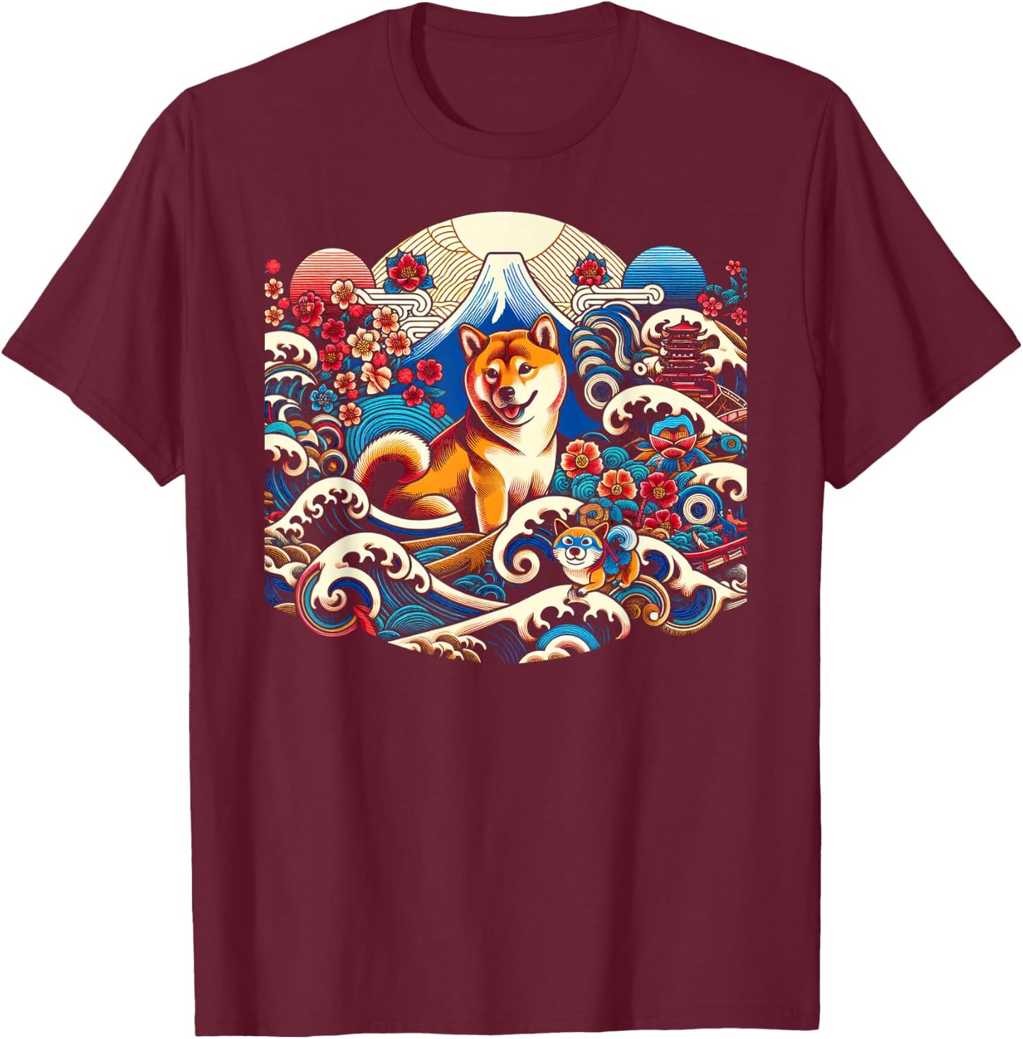 Playful Shiba Inu in Japanese Art Style T-Shirt - T-Shirt | Maroon