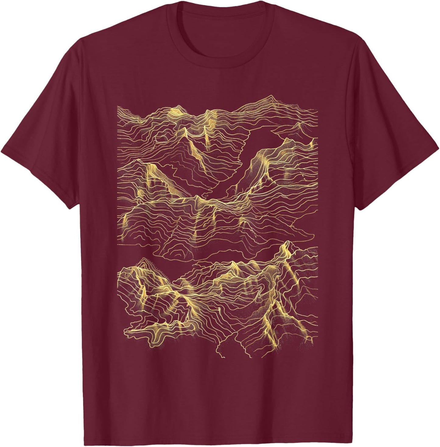 Mountain Range Abstract Art Minimalist Gold Lines - -Adults, Black, Small, Short Sleeve, Topographic Map T-Shirt - T-Shirt | Maroon