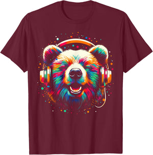 Cool Bear Headphone Music Art Christmas Birthday T-Shirt - T-Shirt | Maroon