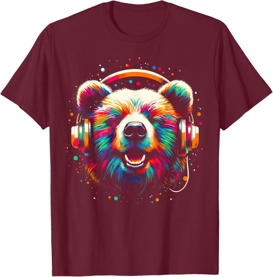 Cool Bear Headphone Music Art Christmas Birthday T-Shirt - T-Shirt | Maroon