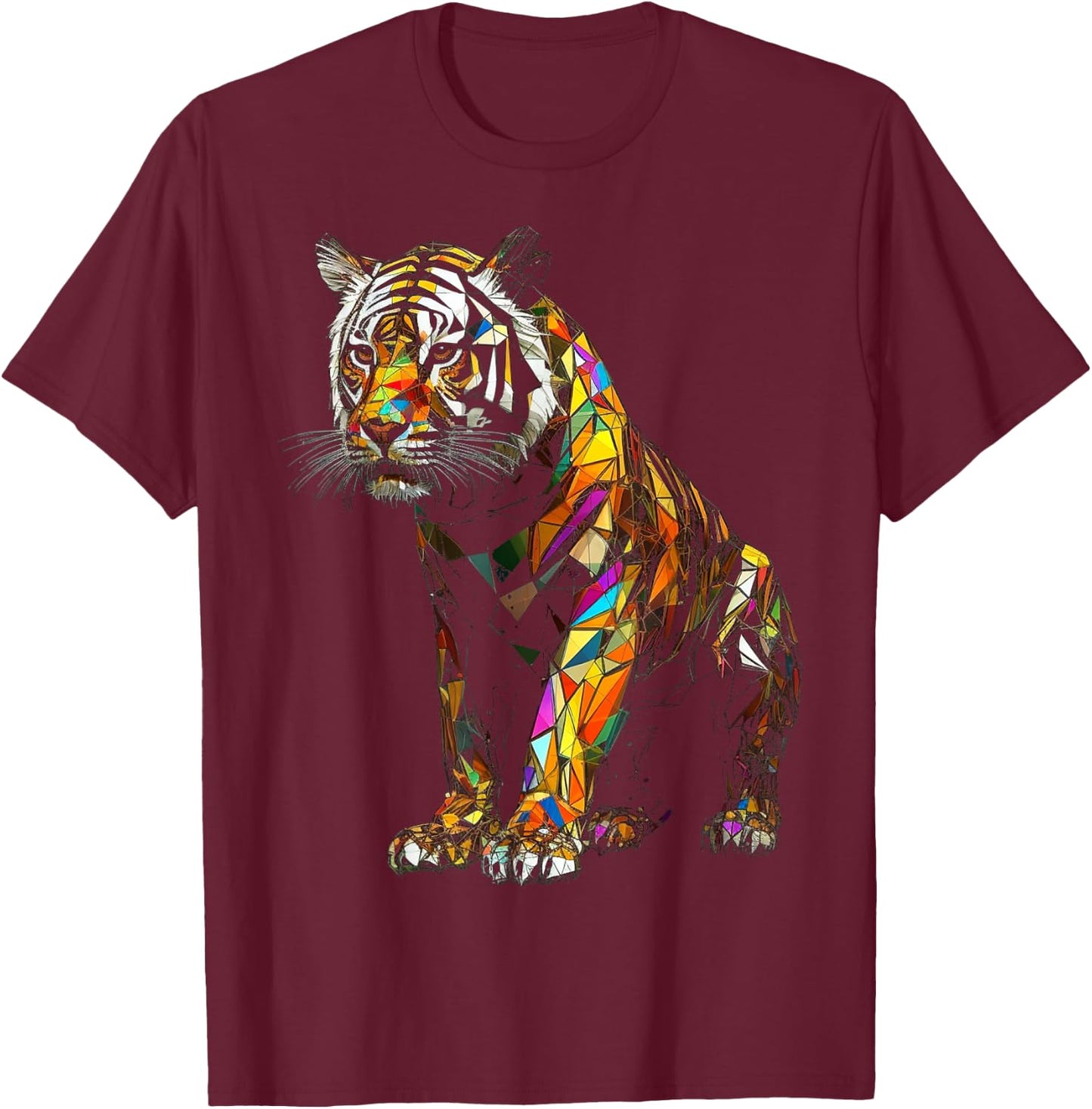 Tiger Polygon Colourful Animal Art Tiger T-Shirt - T-Shirt | Maroon