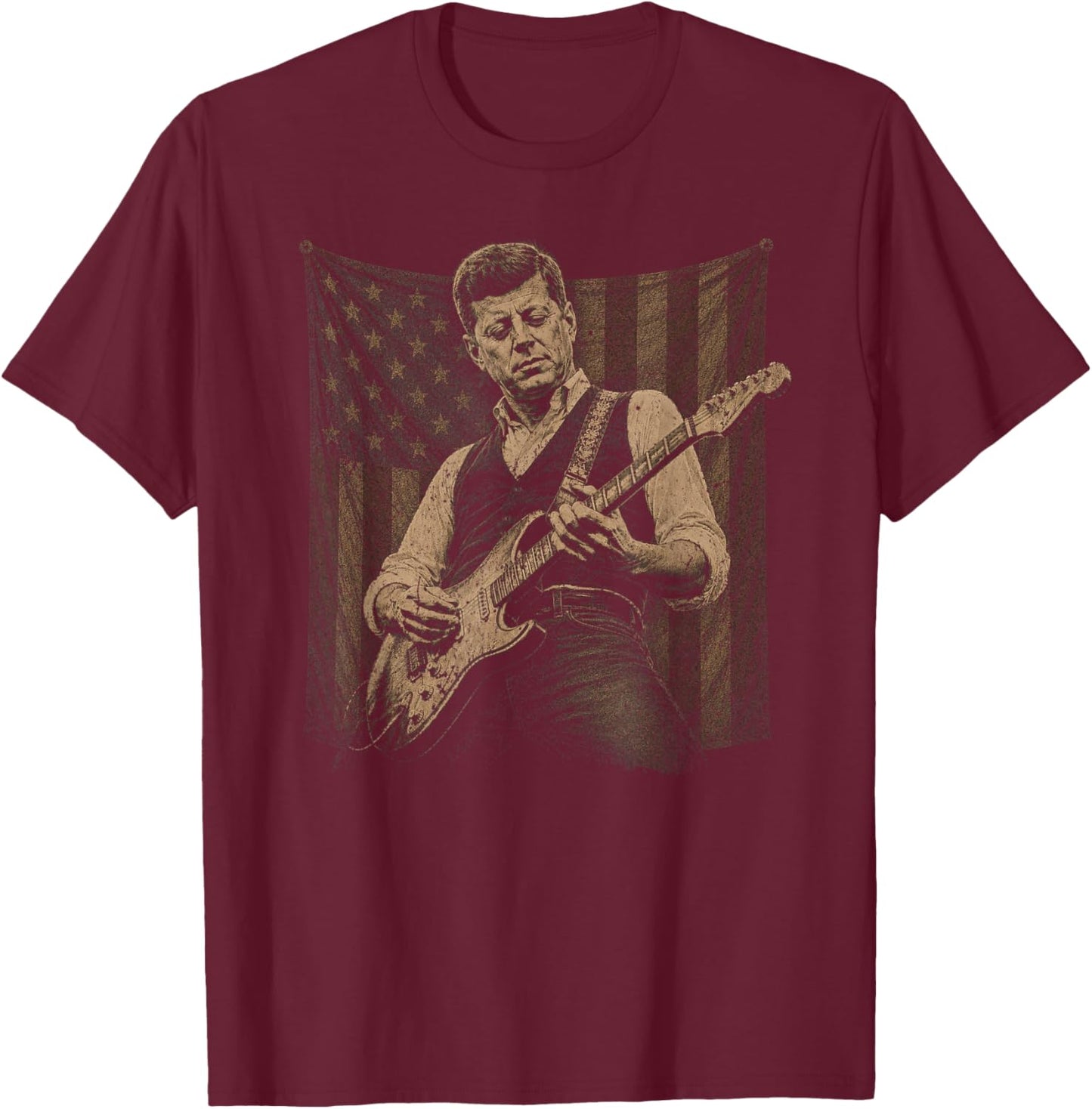 JFK Playing Guitar Kennedy Patriotic American Flag Music T-Shirt - T-Shirt | Maroon