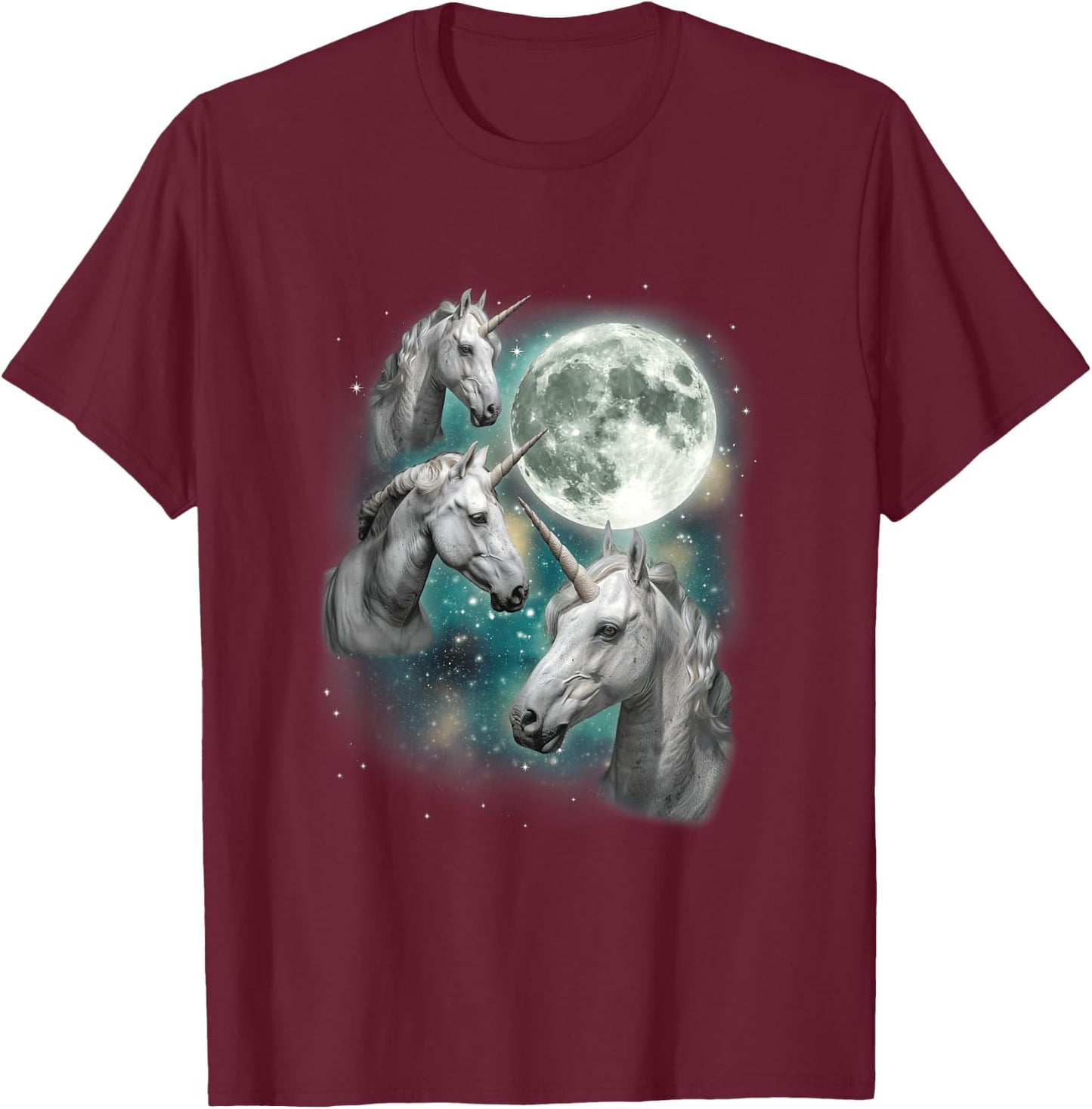 Three Unicorn Moon | 3 Magical Fantasy Mythic Horned Unicorn T-Shirt - T-Shirt | Maroon