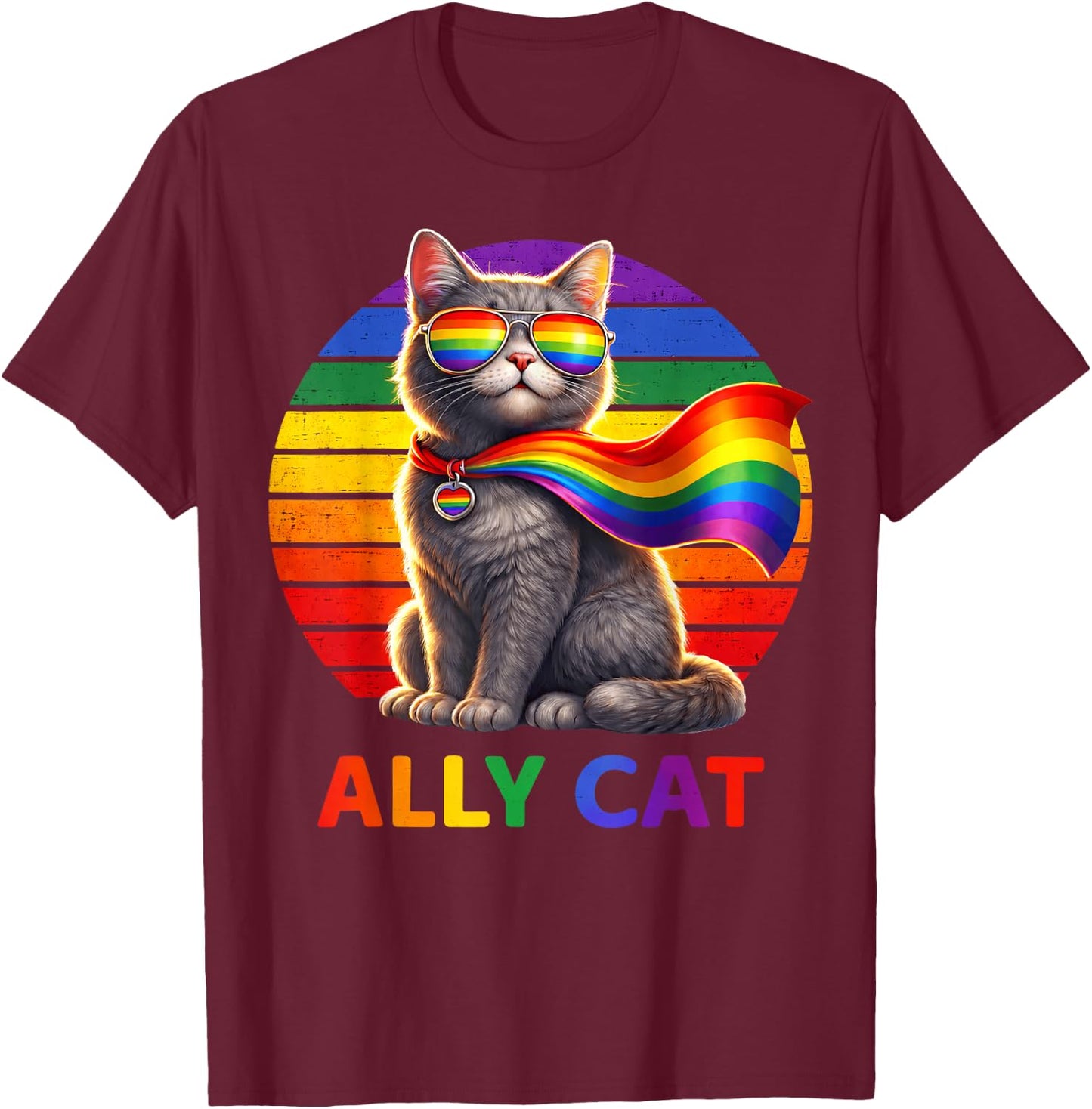 Pride LGBT Ally Cat Fun Rainbow Colorful Men Women Kid T-Shirt - T-Shirt | Maroon