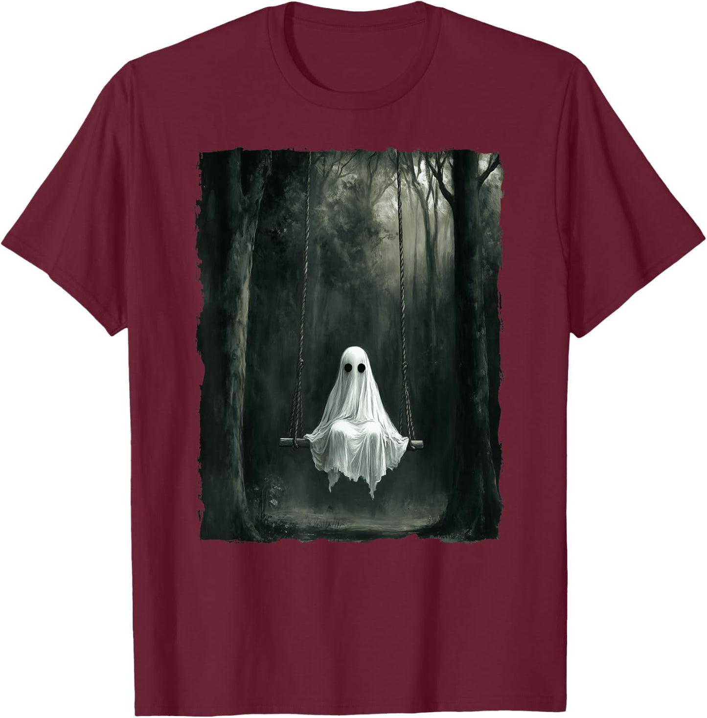 Vintage Floral Ghost On Swing In Forest Spooky Halloween T-Shirt - T-Shirt | Maroon