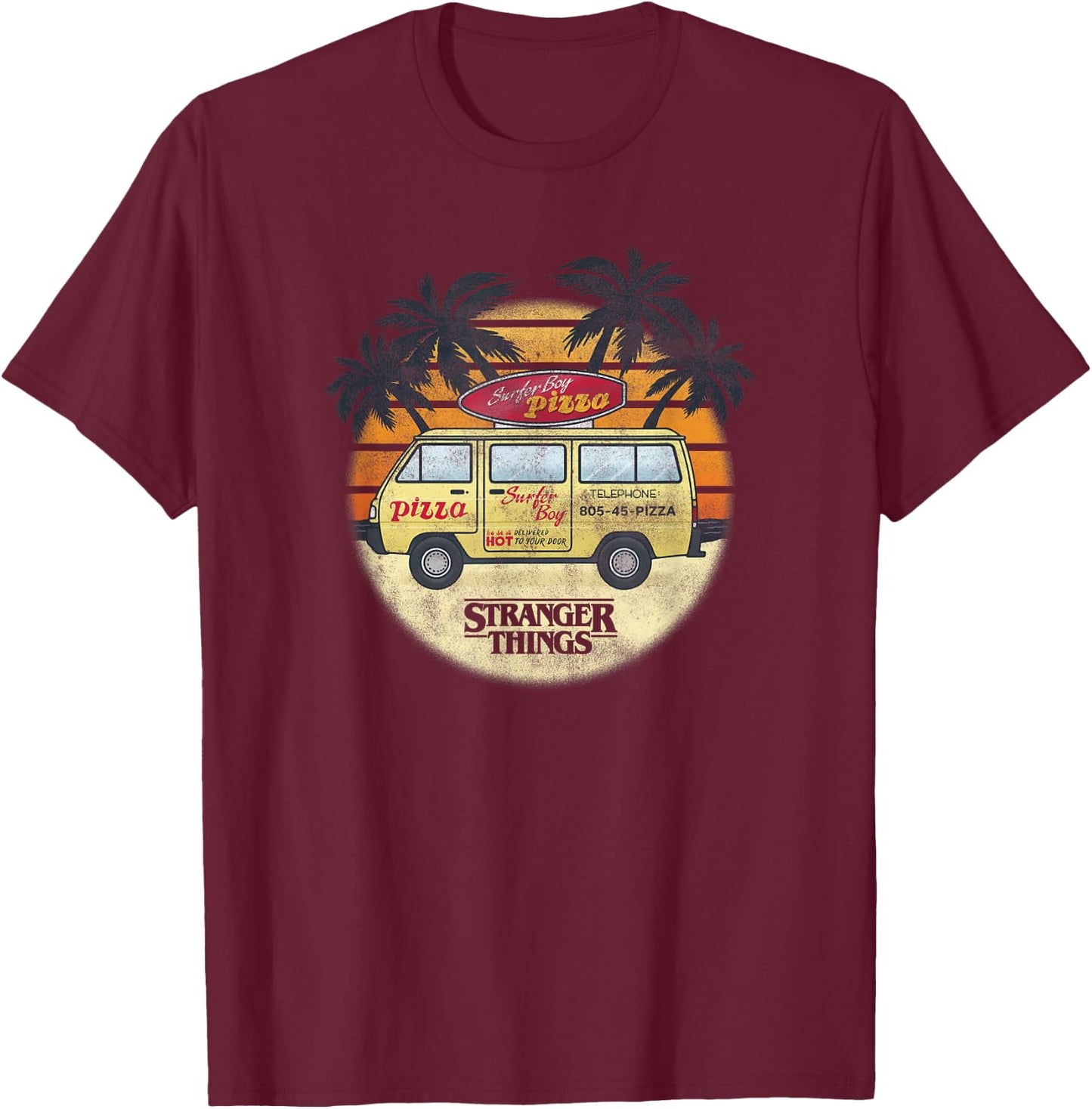 Stranger Things 4 Surfer Boy Pizza Van T-Shirt - T-Shirt | Maroon