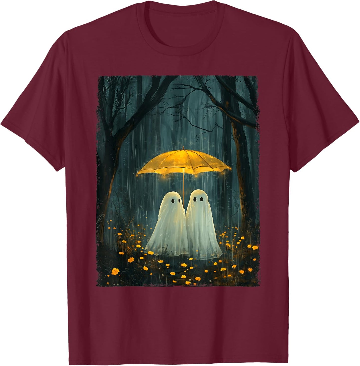 Floral Ghost Holds Umbrella Couple Spooky Season Women Men T-Shirt - T-Shirt | Maroon