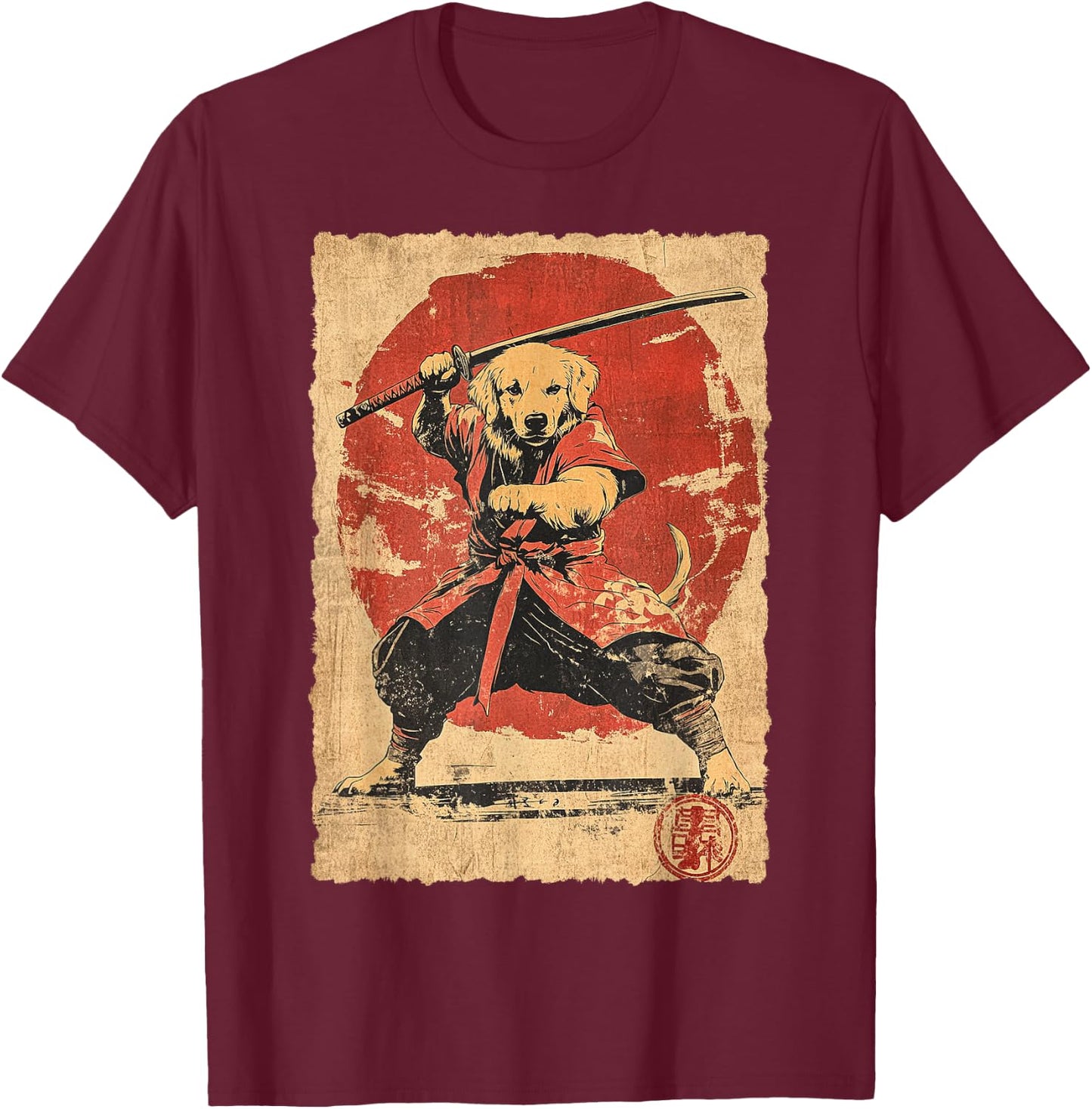 Vintage Japanese Art Golden Retriever Ninja Samurai Warrior T-Shirt - T-Shirt | Maroon
