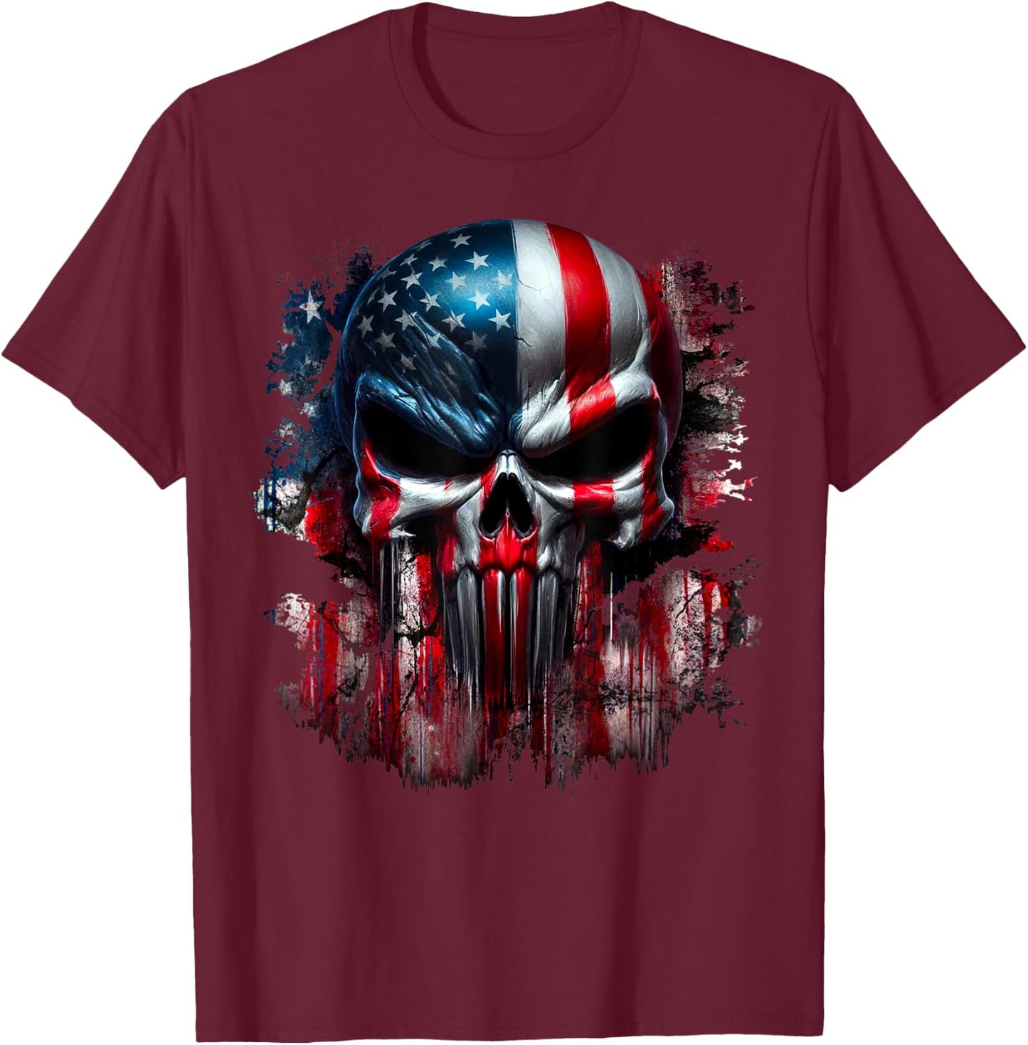 American Skull Patriotic Flag USA Grunge Reaper Graphic Women Men T-Shirt - T-Shirt | Maroon