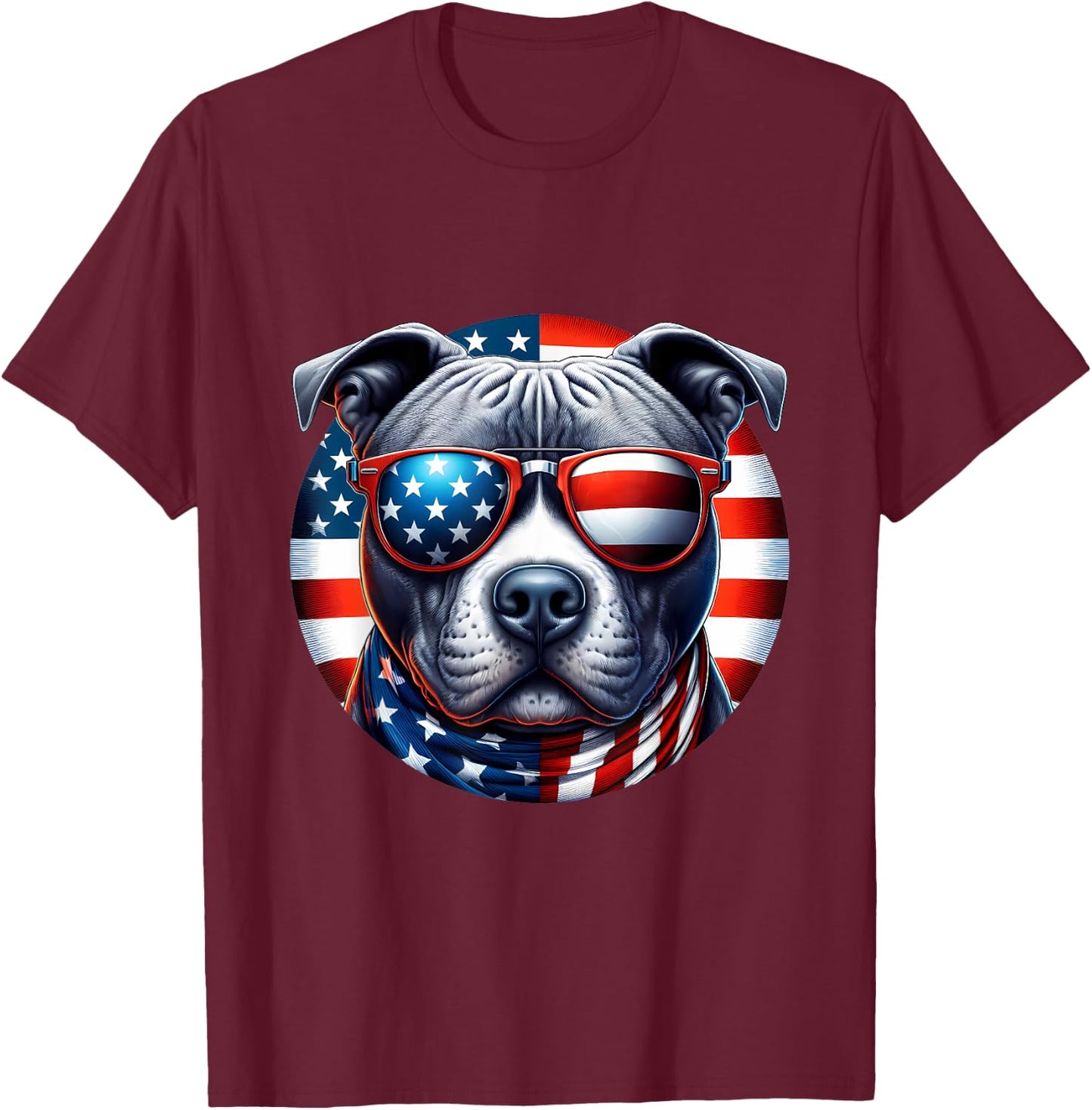 4th of July Pit Bull Wearing Sunglasses American Flag Bully T-Shirt - T-Shirt | Maroon