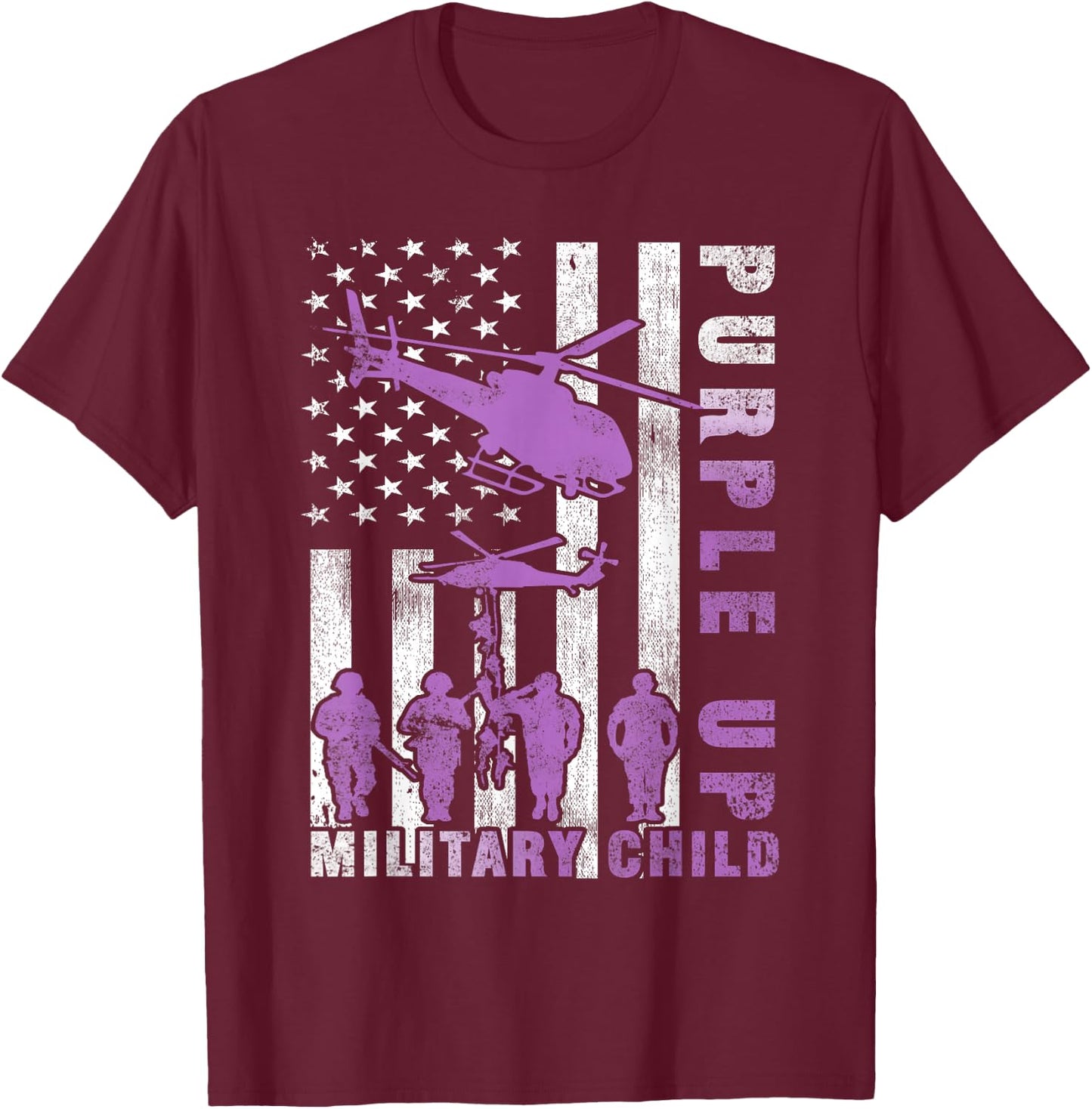 Military Child Purple Up American Flag Helicopter Shirt Kids T-Shirt - T-Shirt | Maroon