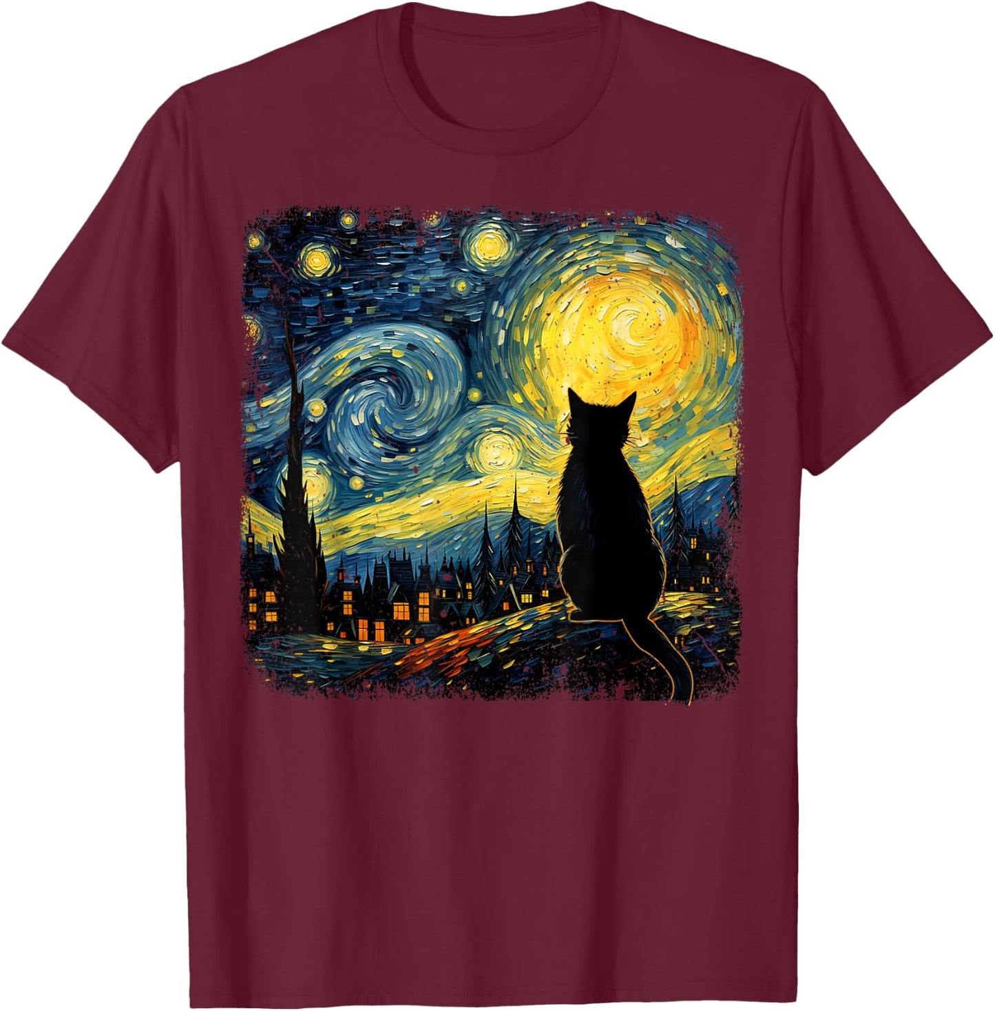 Cat Starry Night Van Gogh Cat For Cat Lover Cat Mom Cat Dad T-Shirt - T-Shirt | Maroon
