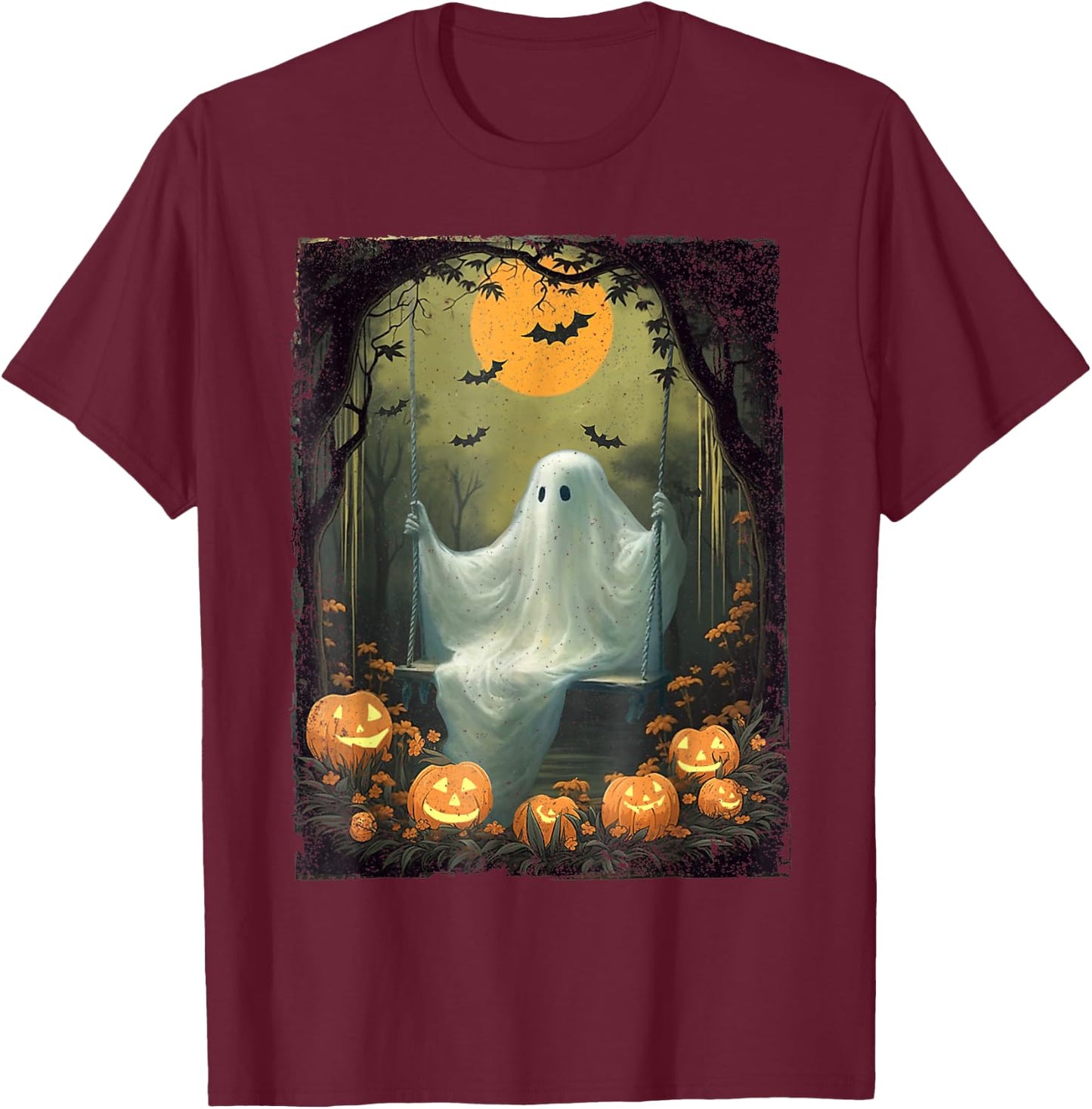 Vintage Floral Ghost On Swing In Forest Halloween Pumpkin T-Shirt - T-Shirt | Maroon