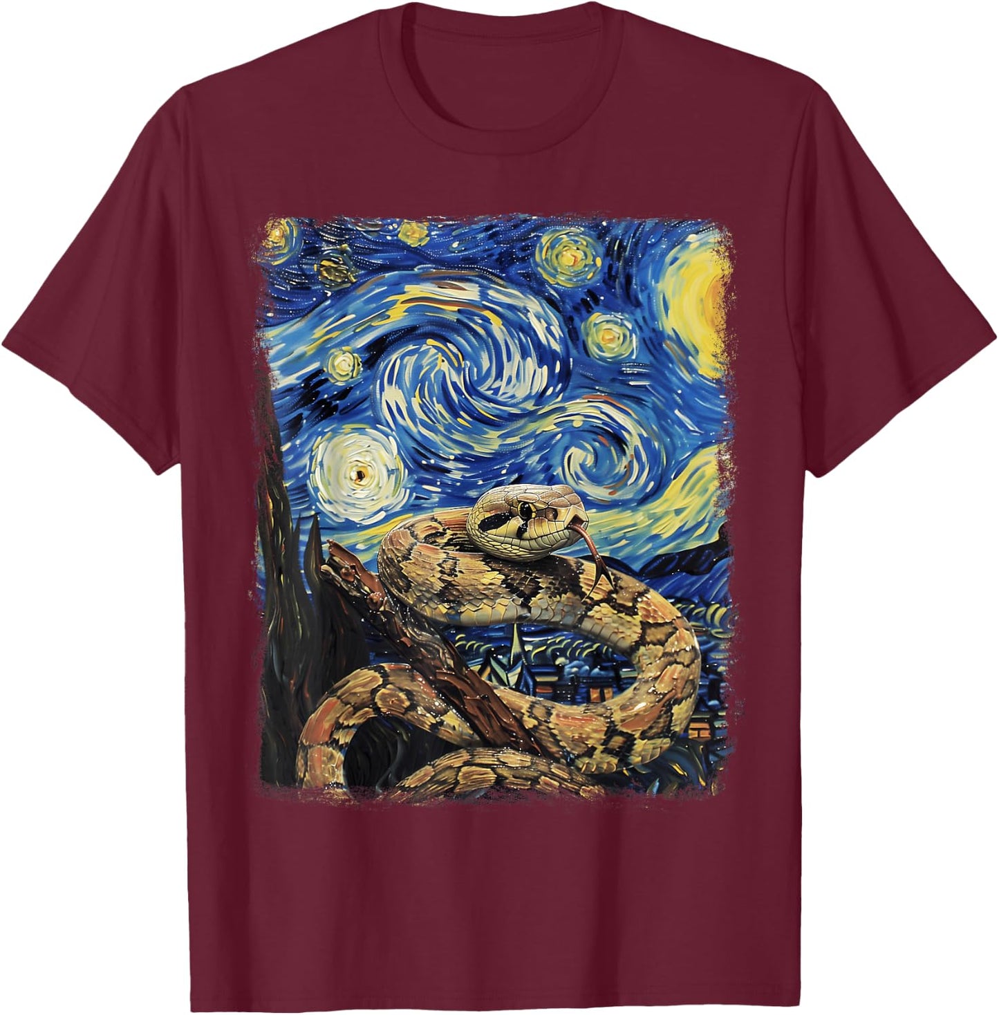 Snake Snakes Starry Night Painting T-Shirt - T-Shirt | Maroon