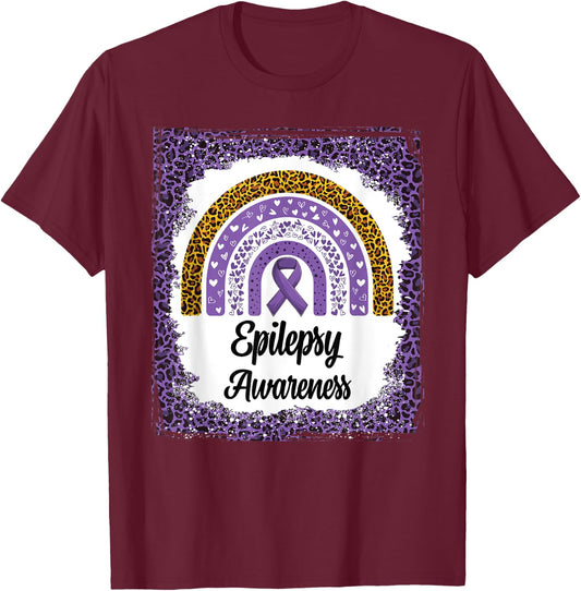 Epilepsy Awareness Bleached Rainbow leopard Purple Ribbon T-Shirt - T-Shirt | Maroon