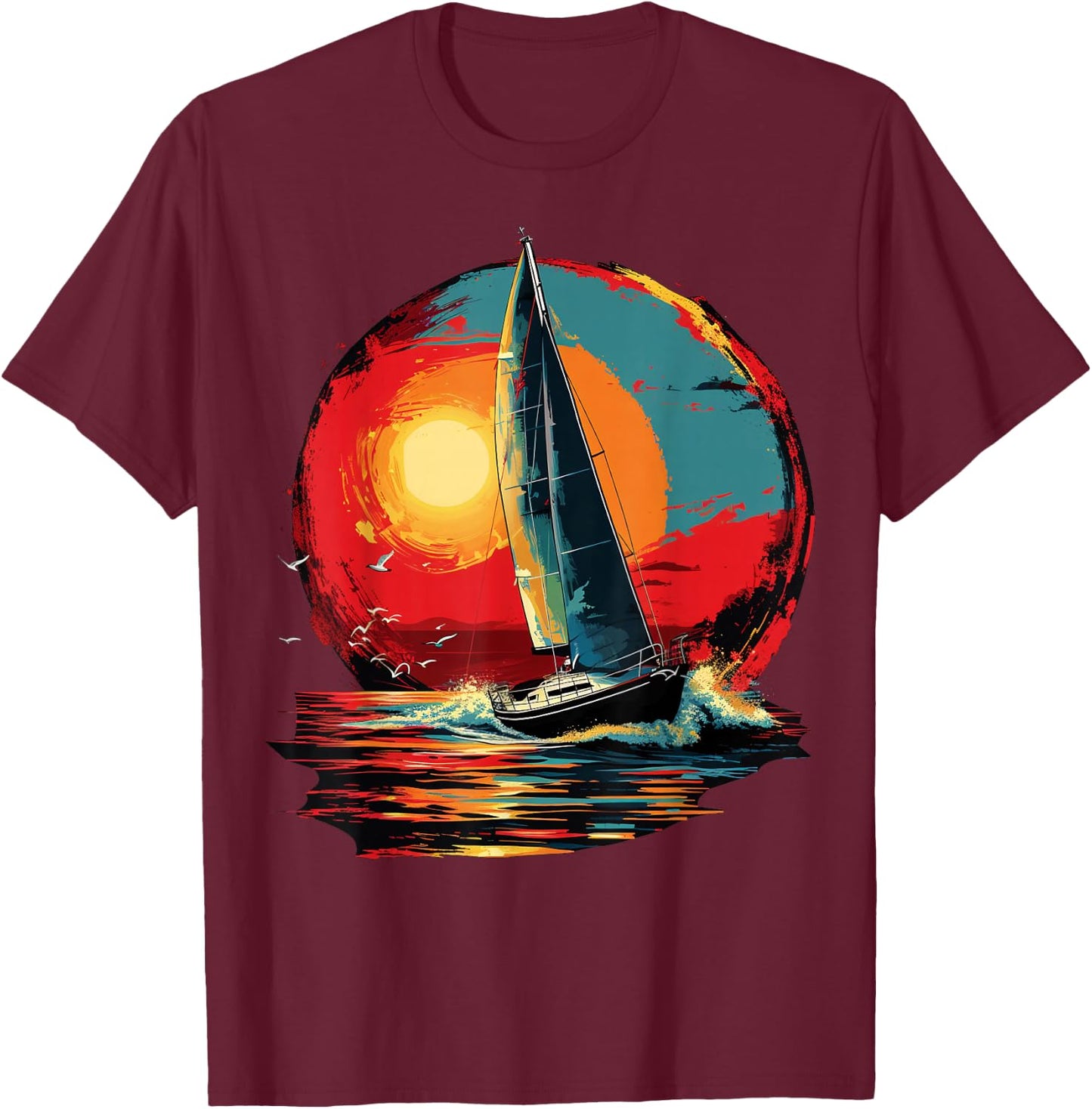 Colorful painted Sailboat on artistic Sailing T-Shirt - T-Shirt | Maroon
