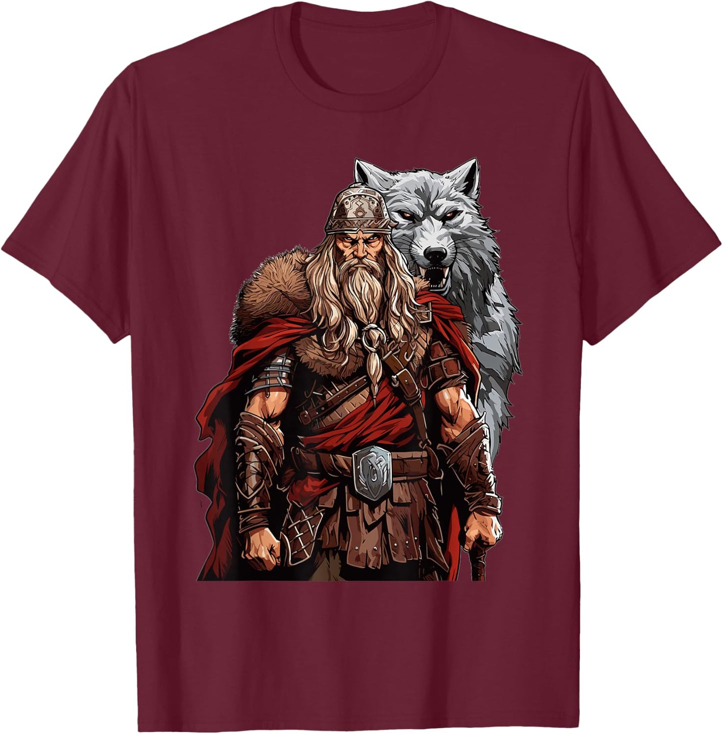 Viking Warrior With Wolf Norse Mythology T-Shirt - T-Shirt | Maroon