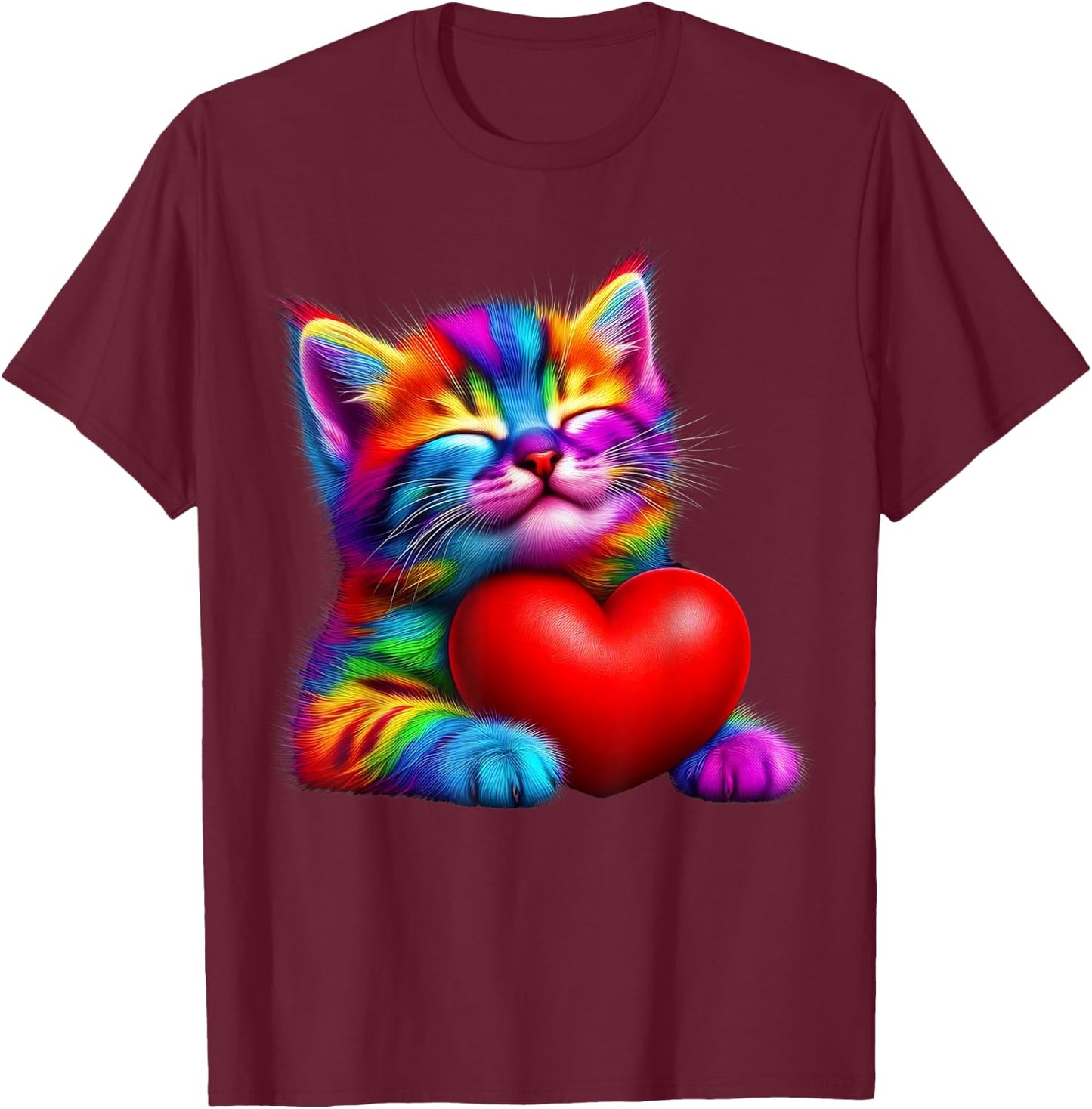 Rainbow Cute Cat Hugging Valentine Heart Kitty Love Cat T-Shirt - T-Shirt | Maroon