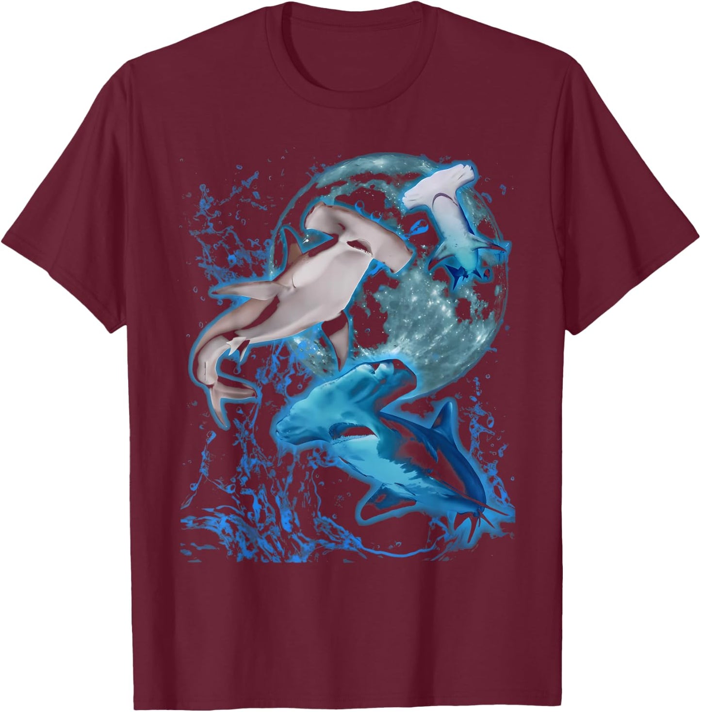 Vintage Three Hammerhead Shark Howling Moon Marine Biologist T-Shirt - T-Shirt | Maroon