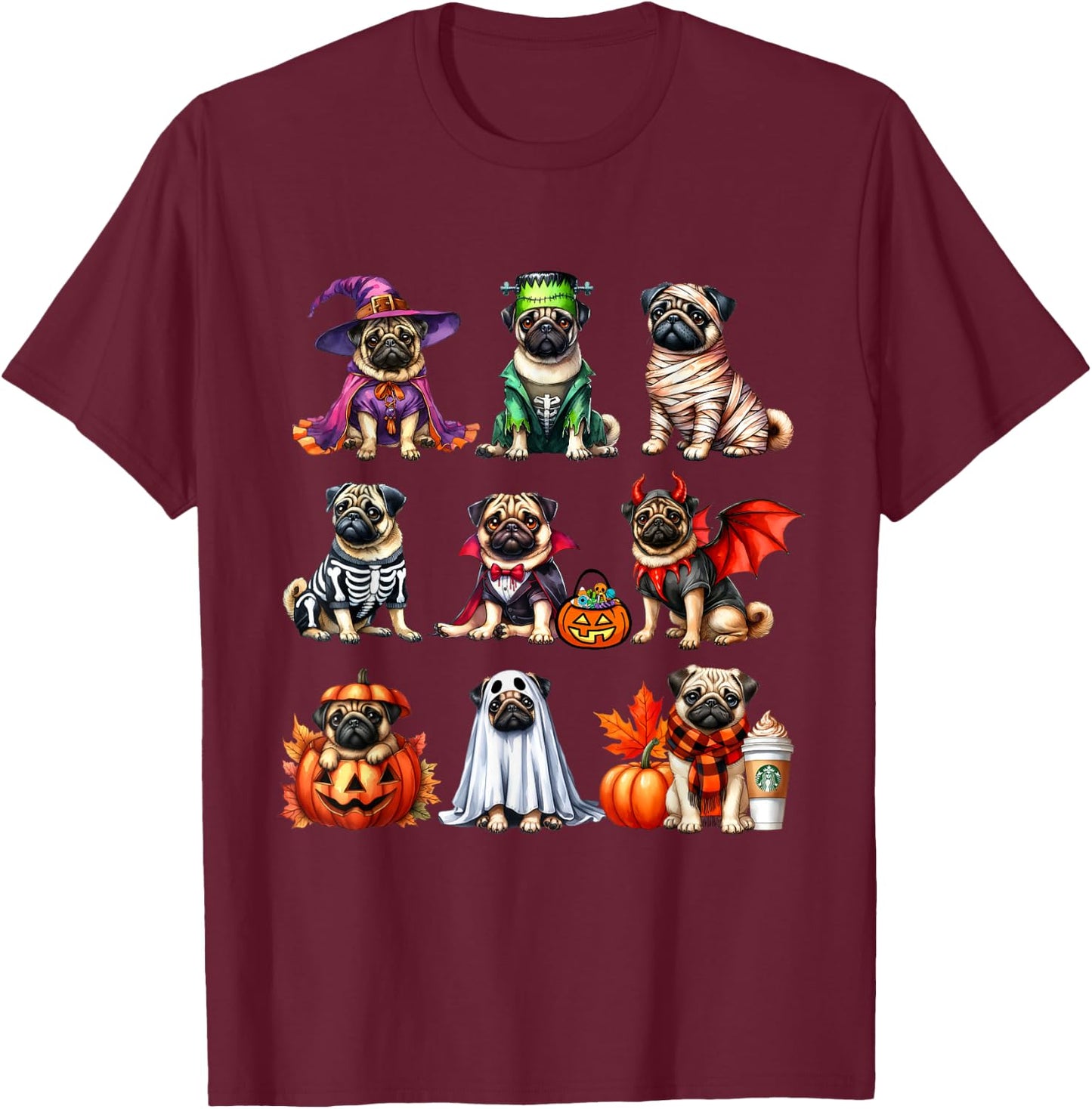Pug Halloween Costume Spooky Ghost Pumpkin Pug Halloween T-Shirt - T-Shirt | Maroon