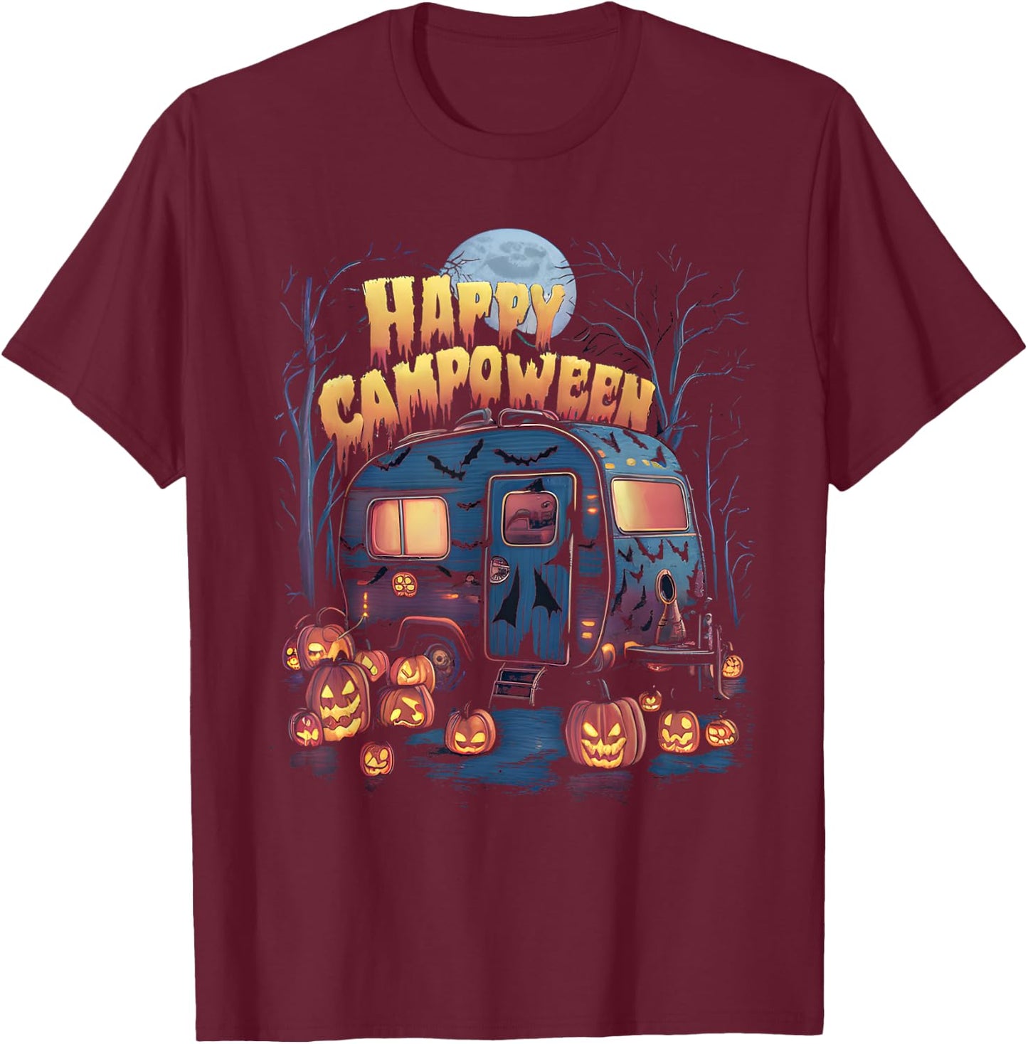 Happy Camp-O-Ween Halloween Camping Ghosts and Campfires T-Shirt - T-Shirt | Maroon