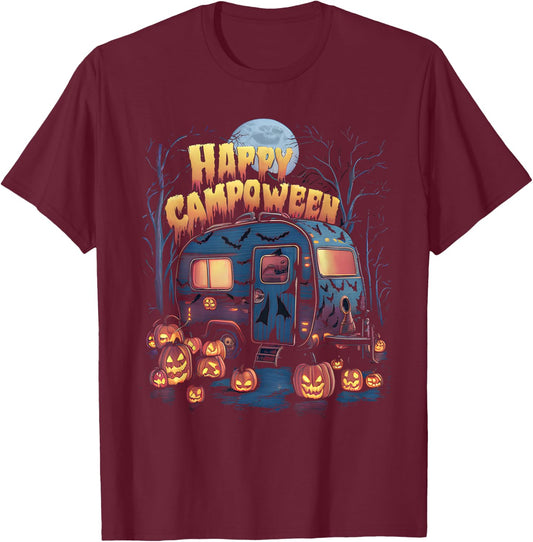 Happy Camp-O-Ween Halloween Camping Ghosts and Campfires T-Shirt - T-Shirt | Maroon