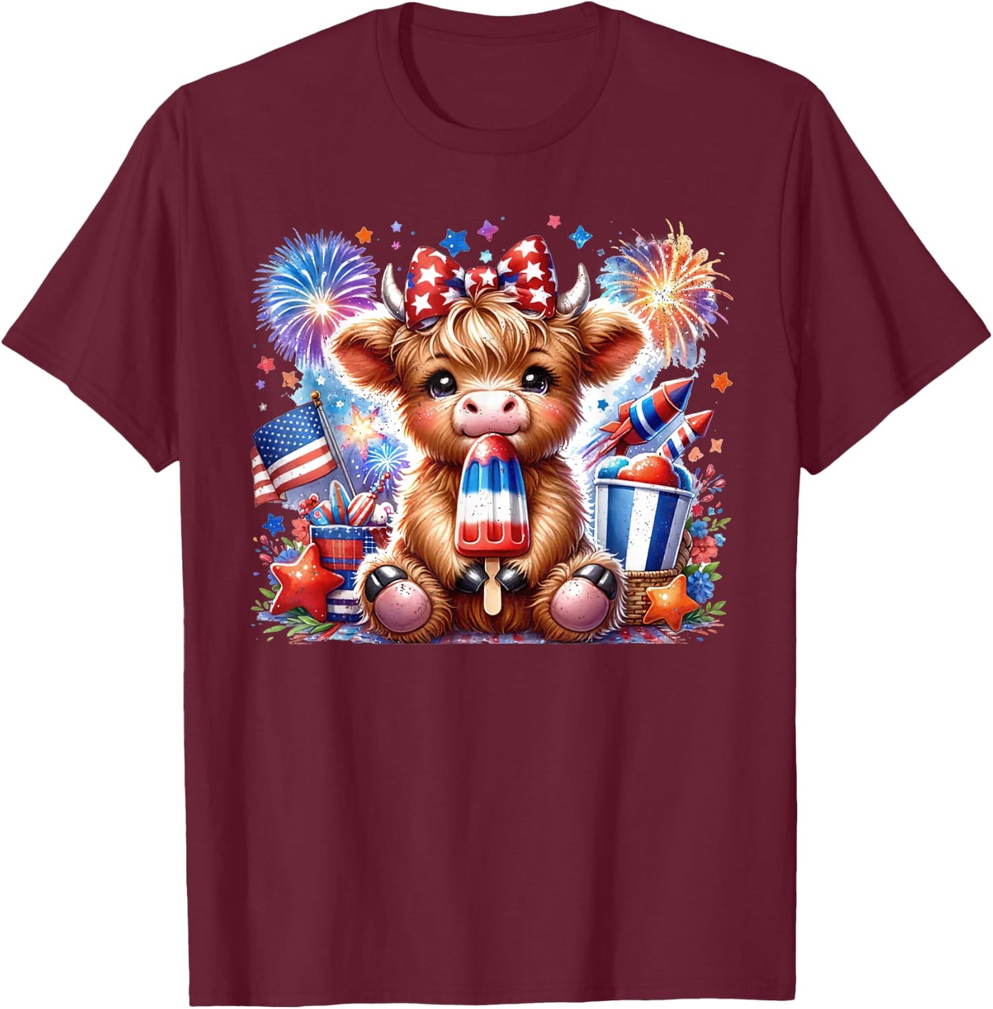 4th Of July Highland Cow Popsicle Firework USA American T-Shirt - T-Shirt | Maroon