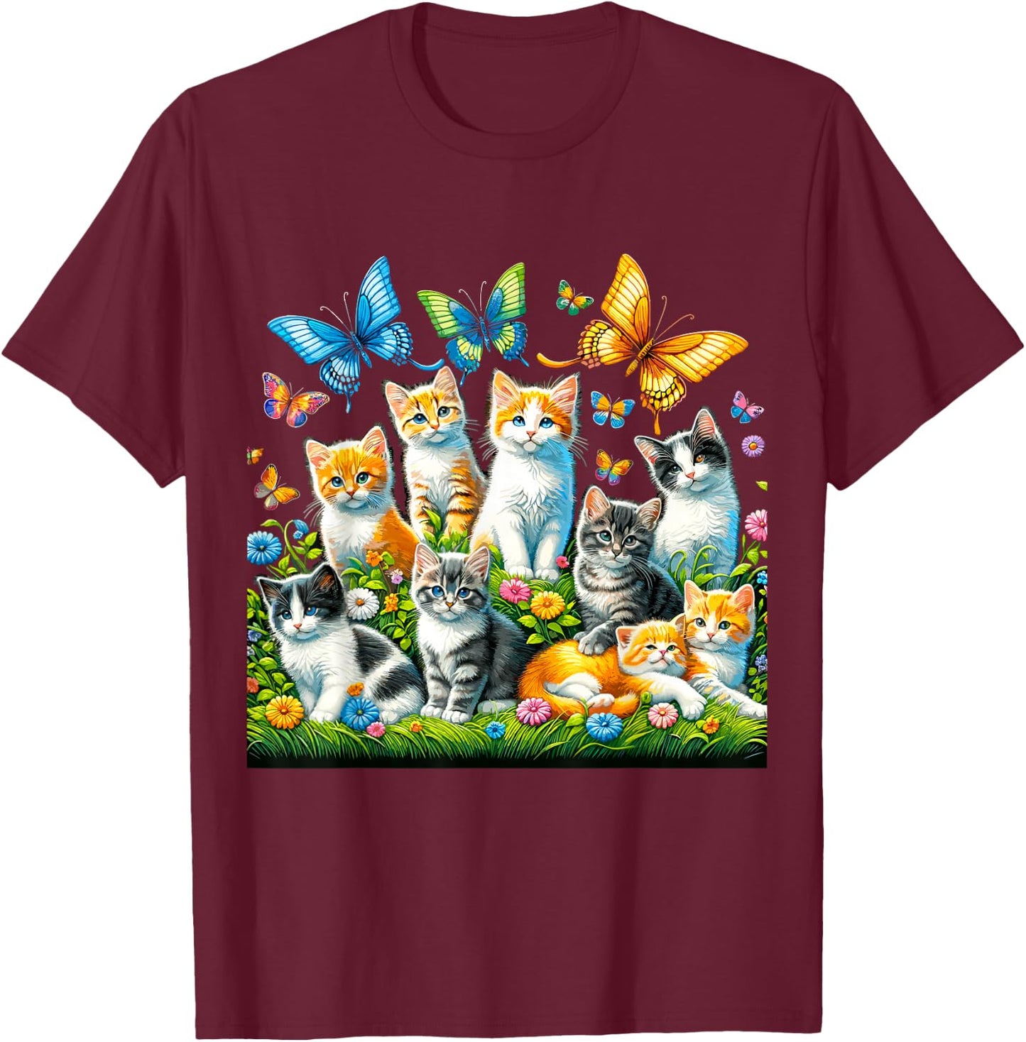 Cats and Butterflies T-Shirt - T-Shirt | Maroon