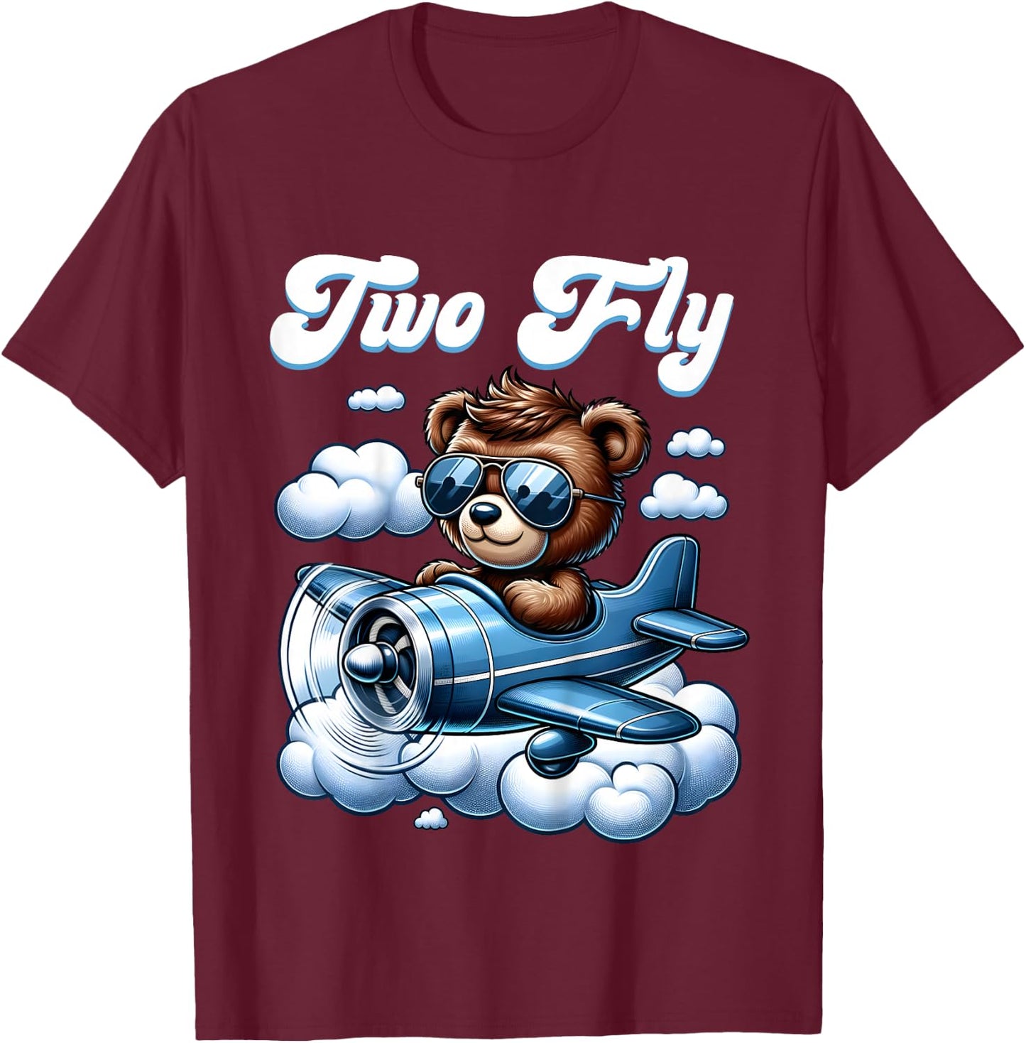 2nd Birthday Airplane Two Plane Teddy Bear Flying Aviation T-Shirt - T-Shirt | Maroon