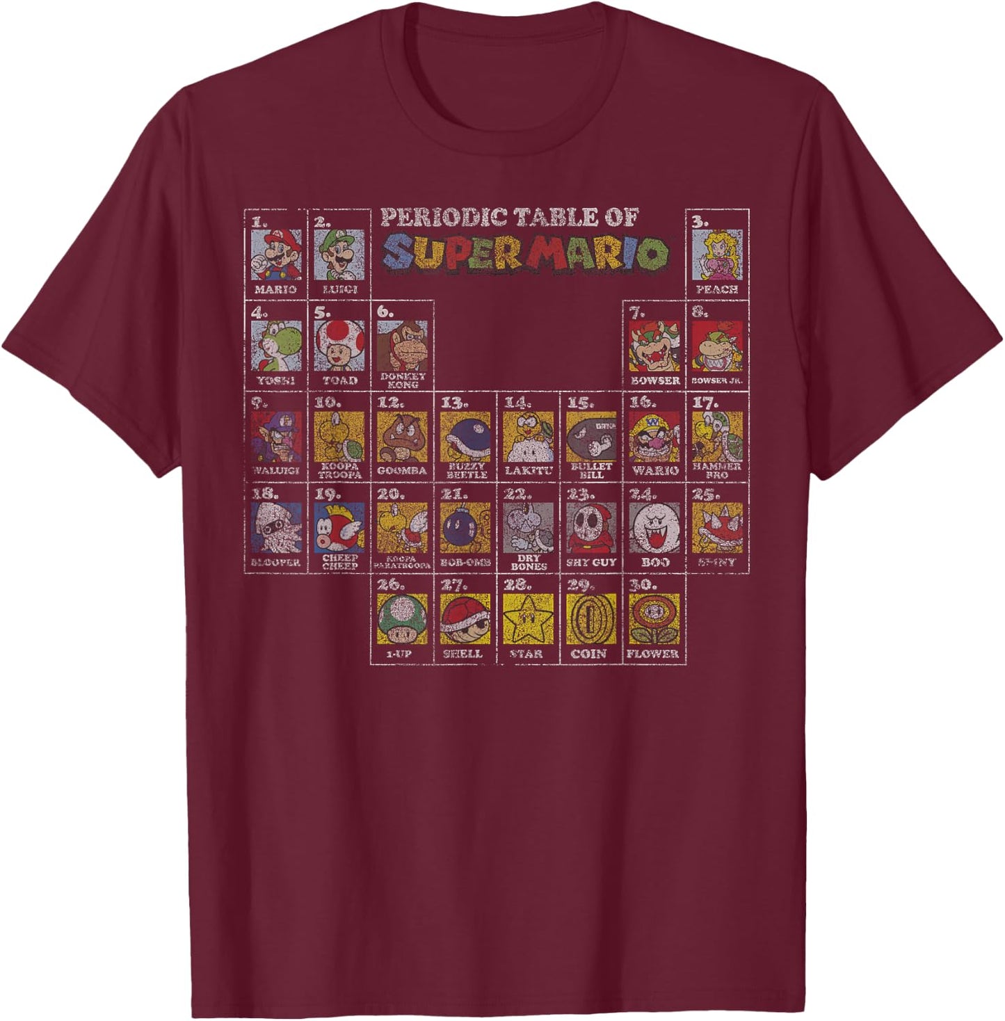 Super Mario Periodic Table Of Character Panel Grid T-Shirt - T-Shirt | Maroon