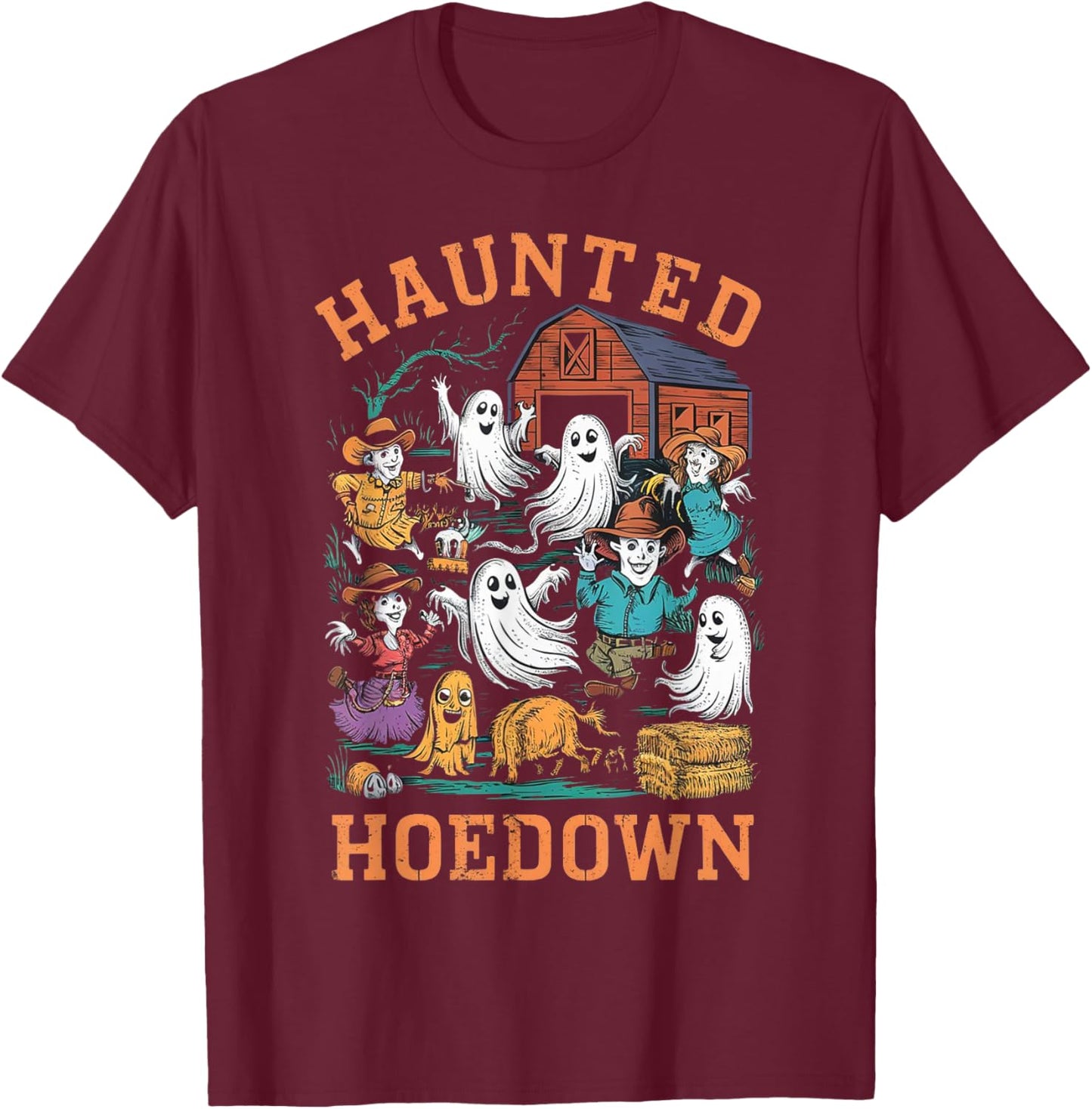 Cowboy Scarecrow Boo Ghost Haunted Hoedown Farm Halloween T-Shirt - T-Shirt | Maroon