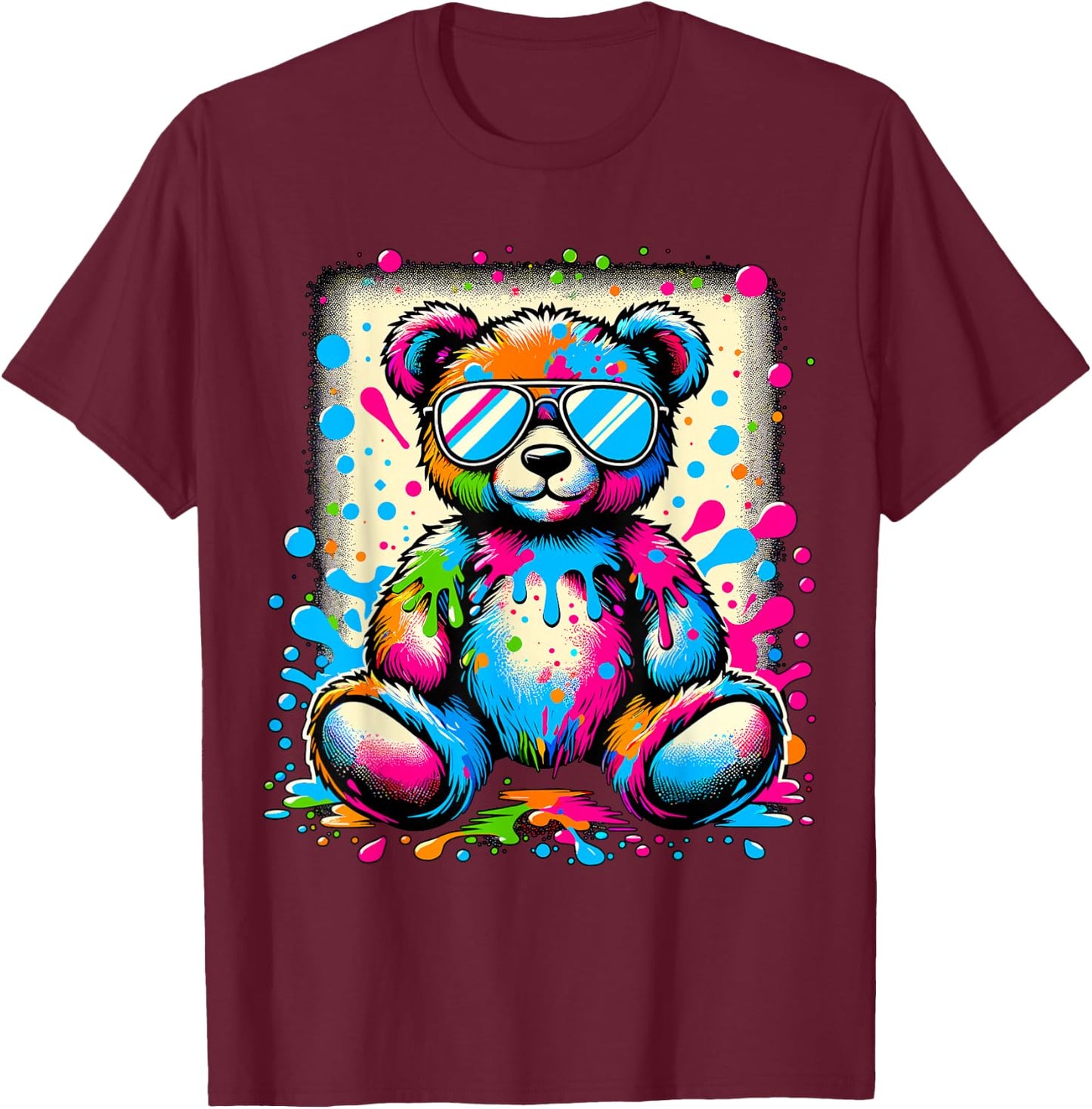 Colorful Teddy Bear with Sunglasses T-Shirt - T-Shirt | Maroon