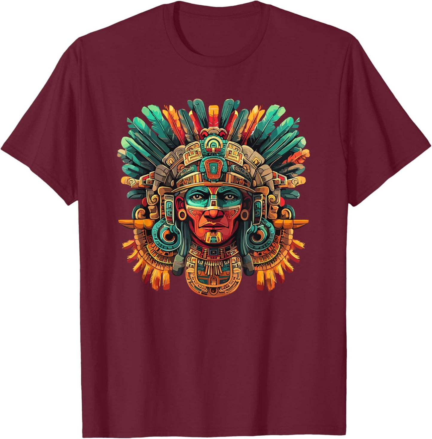 Mayan Tribal Warrior Mask Feather Headdress T-Shirt - T-Shirt | Maroon