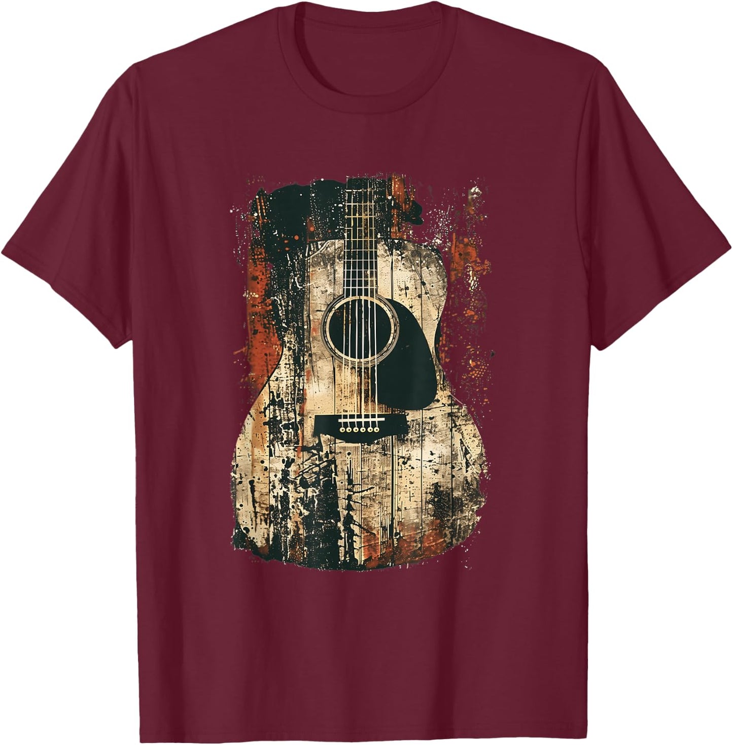 Acoustic Guitar, Vintage, Distressed, Rock & Roll Music T-Shirt - T-Shirt | Maroon