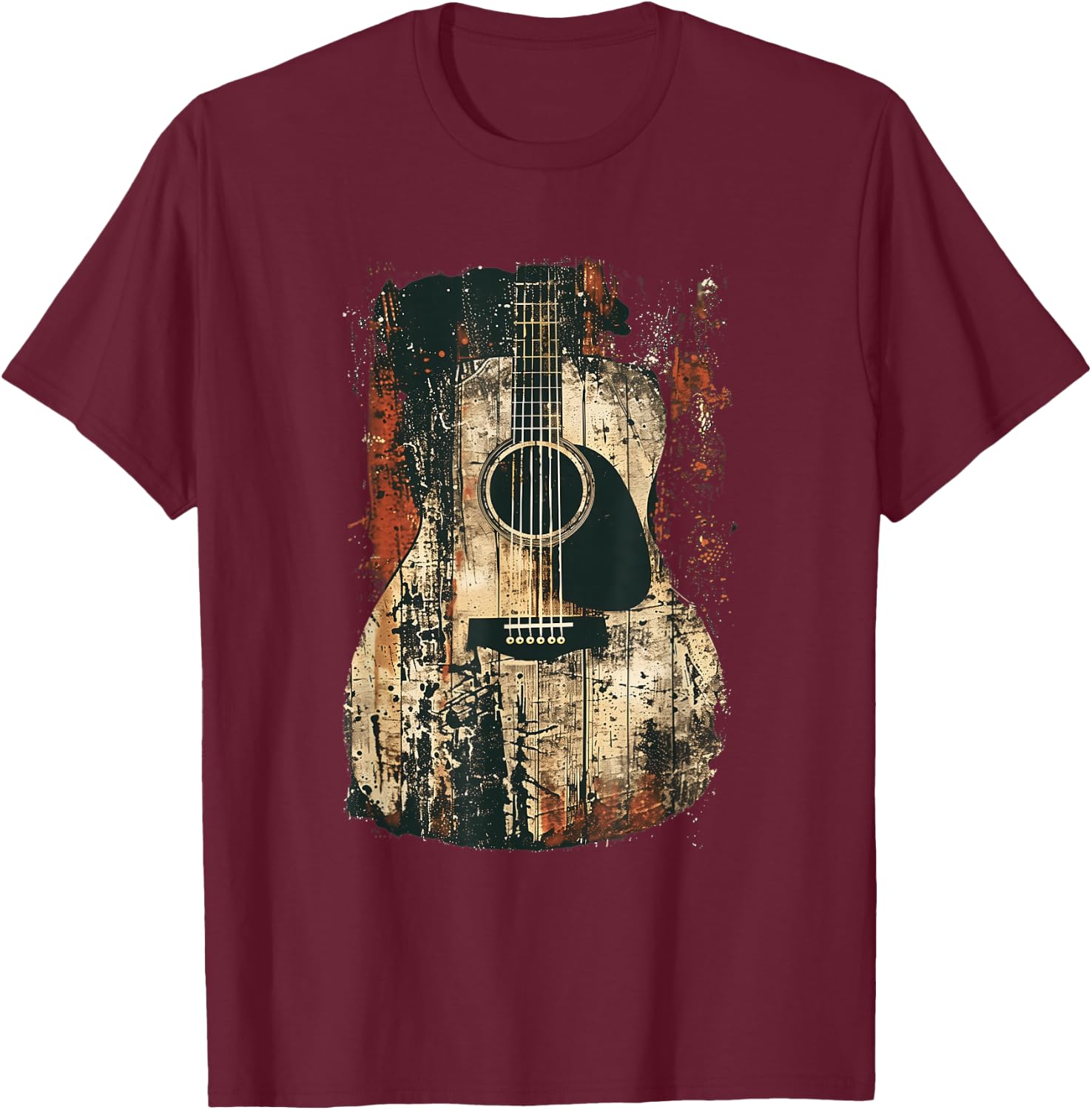 Acoustic Guitar, Vintage, Distressed, Rock & Roll Music T-Shirt - T-Shirt | Maroon