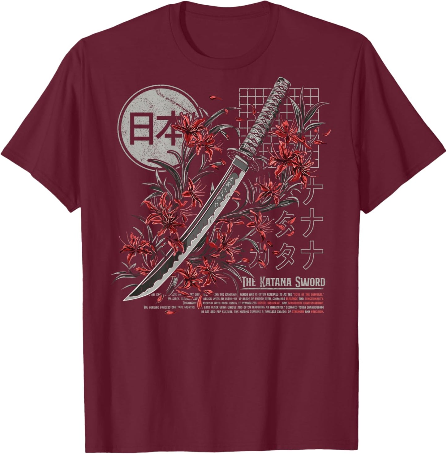 Red Spider Lily Flower Japanese Katana Sword Backprinted T-Shirt - T-Shirt | Maroon
