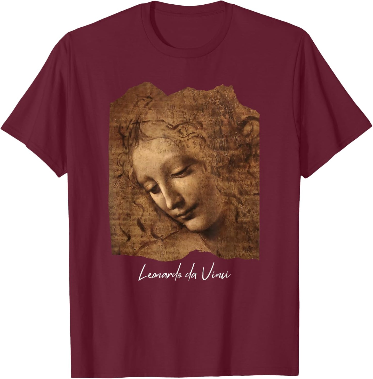 Head of a Young Woman by Leonardo da Vinci Famous Painting T-Shirt - T-Shirt | Maroon