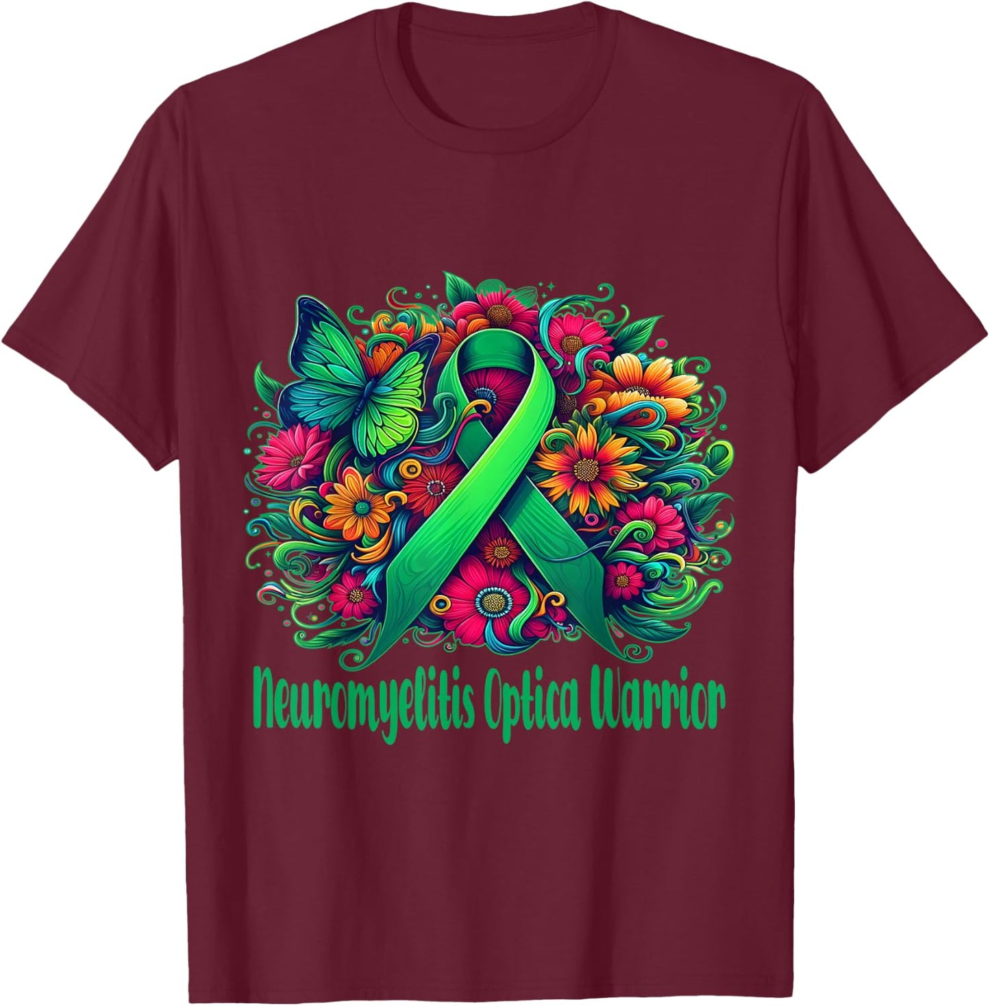 neuromyelitis optica Awareness green floral and ribbon T-Shirt - T-Shirt | Maroon