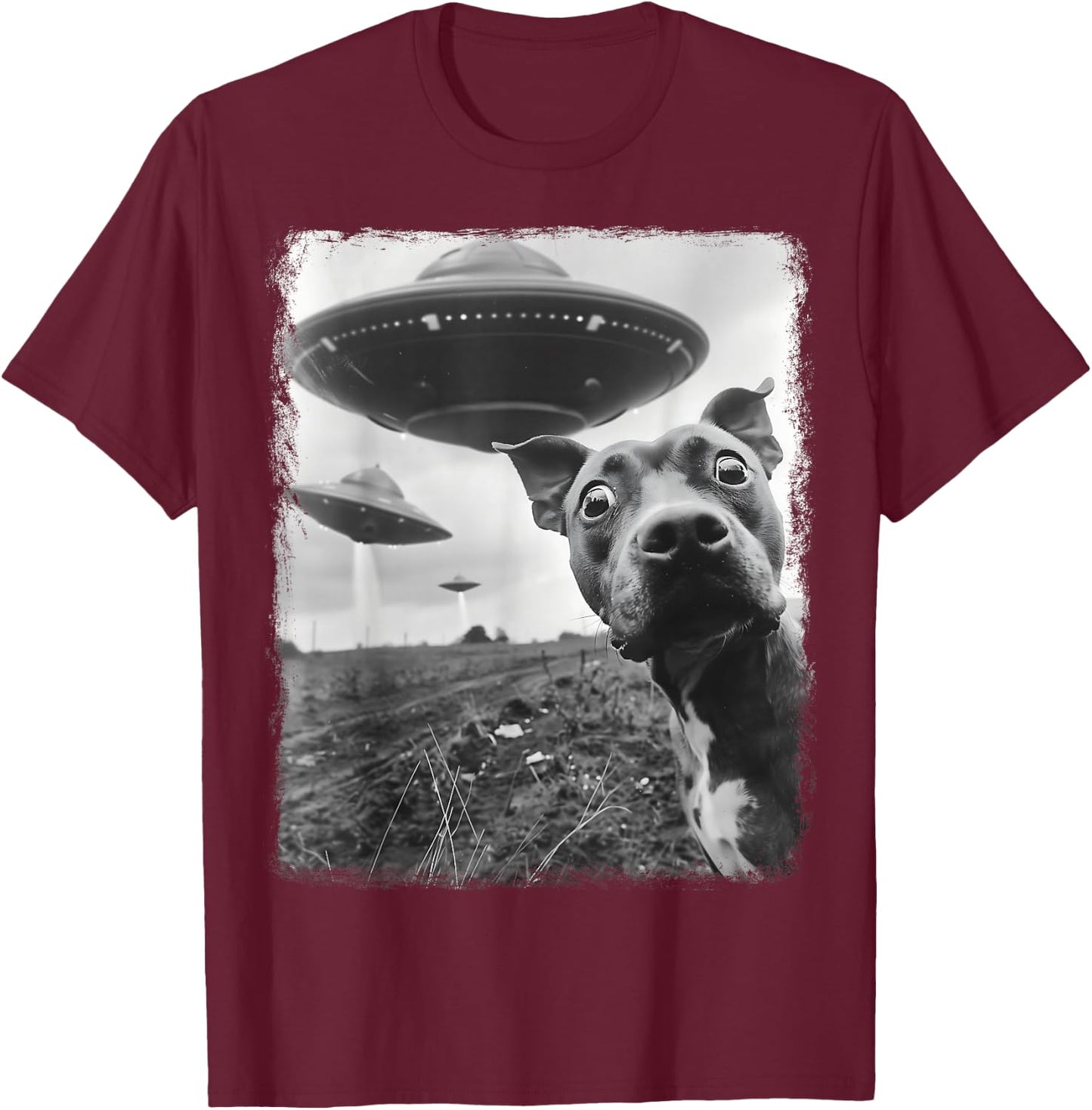 Staffordshire Bull Terrier Dog UFO Extraterrestrial Selfie T-Shirt - T-Shirt | Maroon