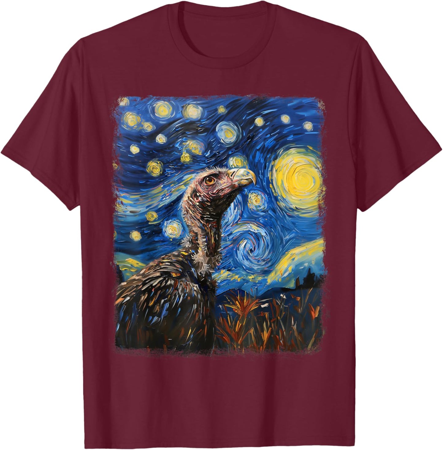 Vulture Bird Starry Night Painting T-Shirt - T-Shirt | Maroon