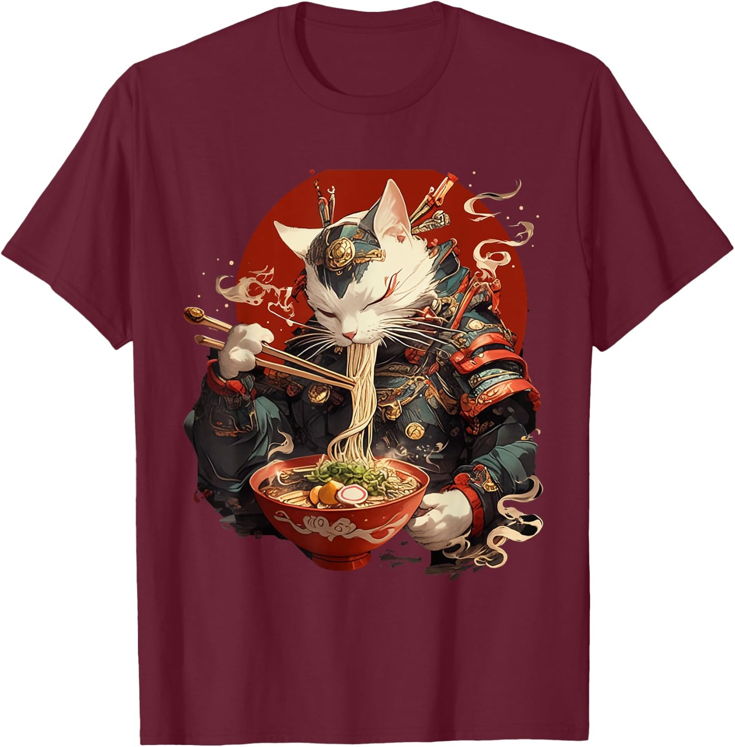 Japanese Art Ramen Cat Ninja Ukiyo-e Anime Style Samurai Cat T-Shirt - T-Shirt | Maroon
