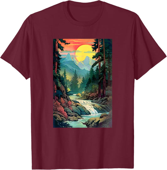 Mountains Trees River Waterfall Woodsy Nature Scene Outdoors T-Shirt - T-Shirt | Maroon