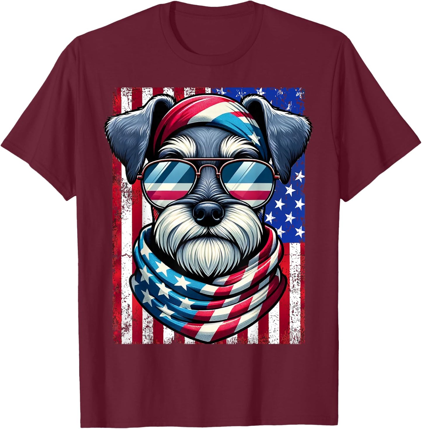 Miniature Schnauzer Dog American Flag 4th of July Patriotic T-Shirt - T-Shirt | Maroon