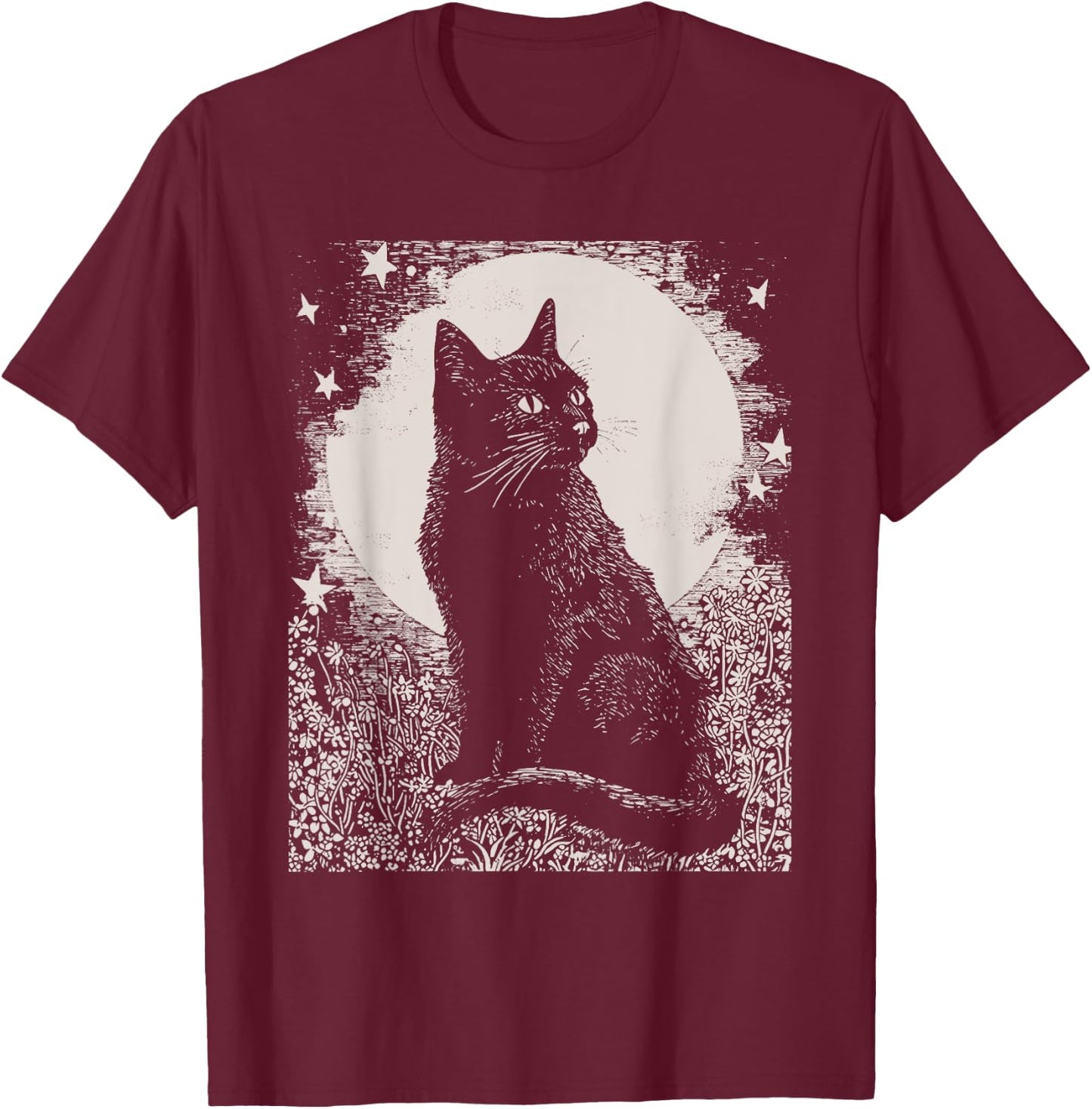 Gothic Black Cat in Garden Plant Flower Witch Halloween Men Women T-Shirt - T-Shirt | Maroon