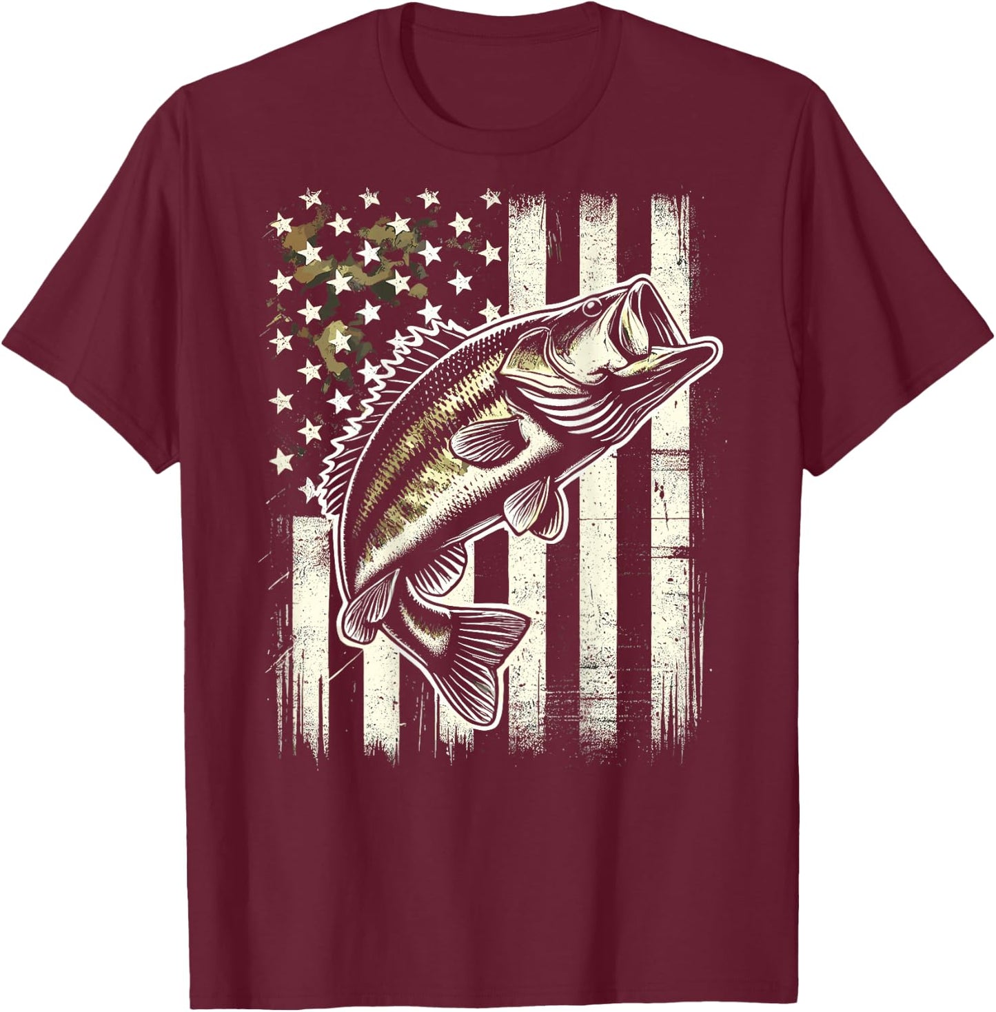 American Flag Camo Bass Fish Fishing T-Shirt - T-Shirt | Maroon