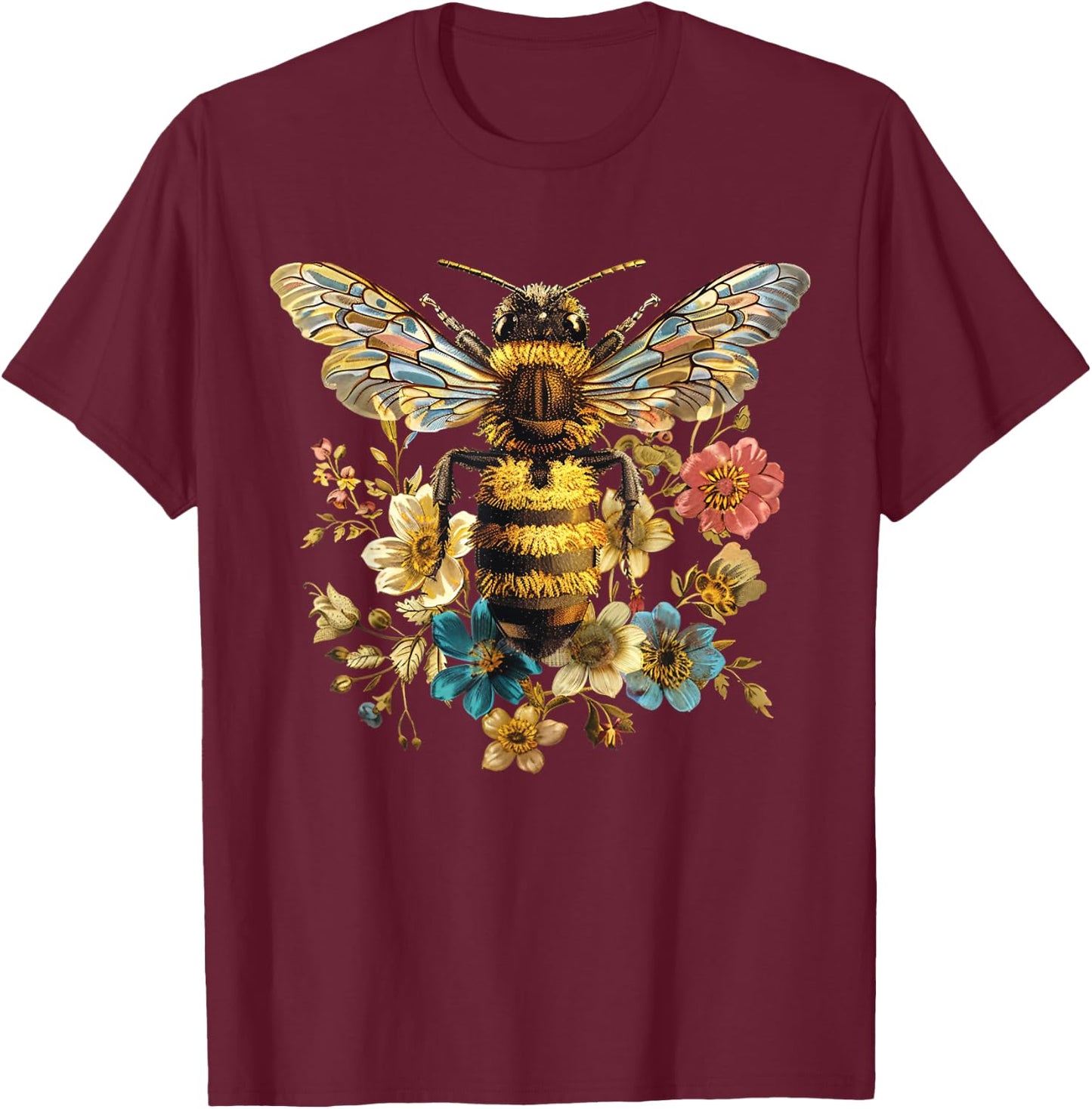 Retro Floral Bee T-Shirt - T-Shirt | Maroon