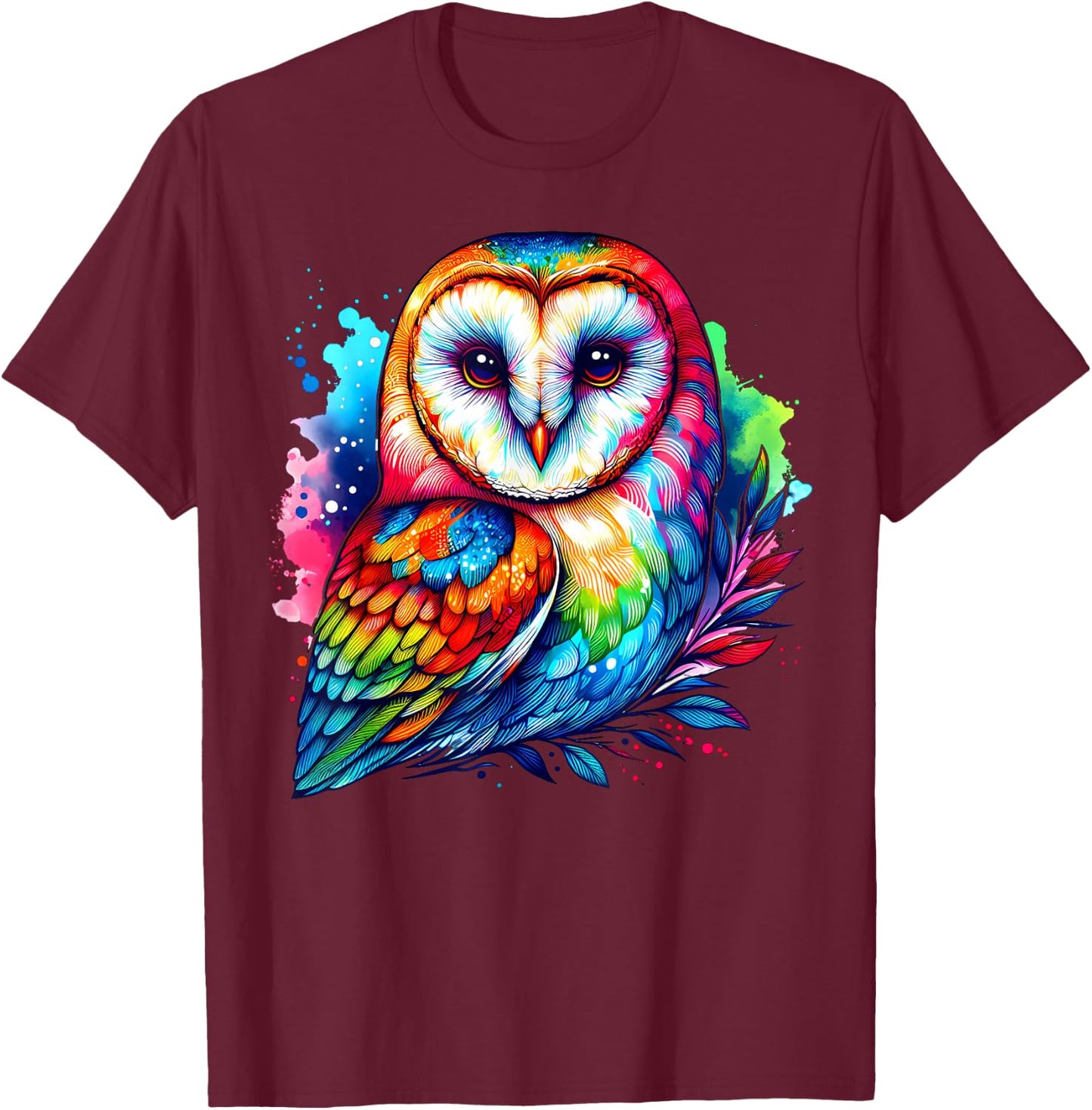 Cool Barn Owl Graphic Spirit Animal Illustration Tie Dye Art T-Shirt - T-Shirt | Maroon