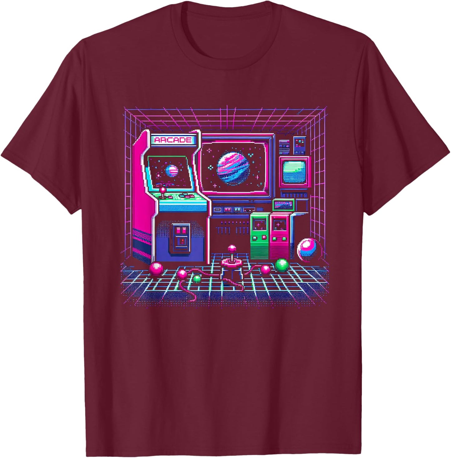 1980s Arcade Pixel Art T-Shirt - T-Shirt | Maroon